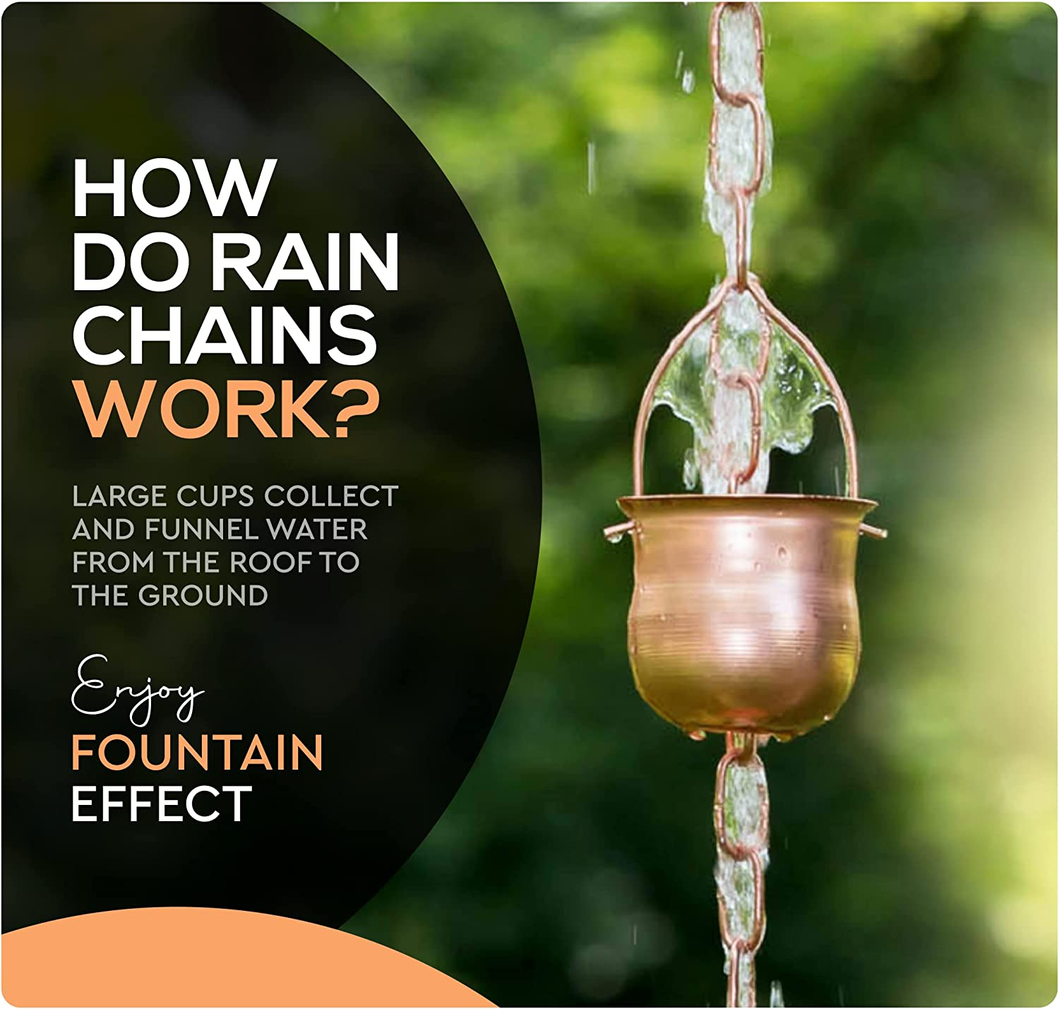 Copper Rain Chain - Decorative Chimes & Cups Replace Gutter Downspout & Divert Water Away from Home for Stunning Fountain Display - 8.5' Long for Universal Fit - Pot Style image number 2