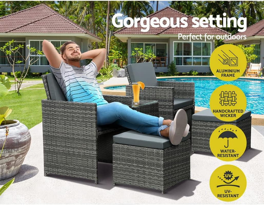 Gardeon Outdoor Lounge Setting 3Pcs Wicker Table and Chairs Bistro Set, Garden Furniture Patio Sofa Recliner Chair Rattan, with Ottoman Cushion Grey of 5 image number 4