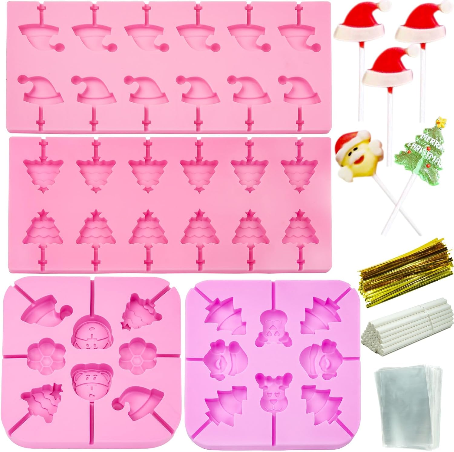 Jhylilia 304Pcs Christmas Lollipop Molds, Pink Silicone Candy Molds with Lollipop Sticks, Treat Bags & Twist Ties image number 5