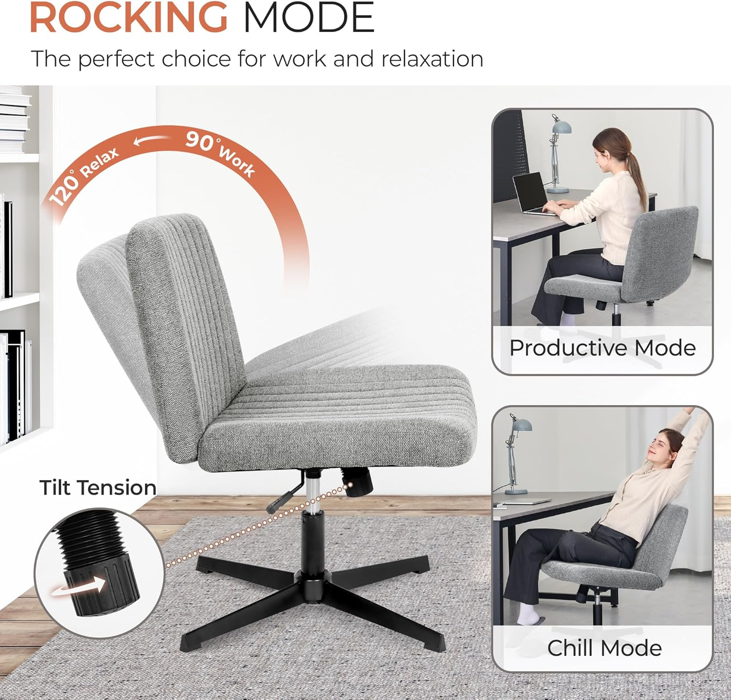 Orange Factory Criss Cross Chair No Wheel Wide Cross Legged Office Desk Vanity Chair Comfy Fabric Armless Adjustable Swivel for Home Computer Task (Gray) image number 6