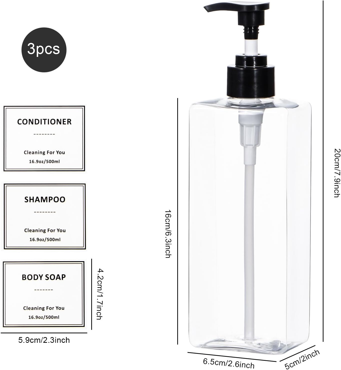 Yeeco Plastic Shampoo and Conditioner Dispenser - Refillable Pump Bottles, 16.9Oz/500Ml, 3 Packs for Bathroom, Kitchen, Hotel - Clear Blue image number 2