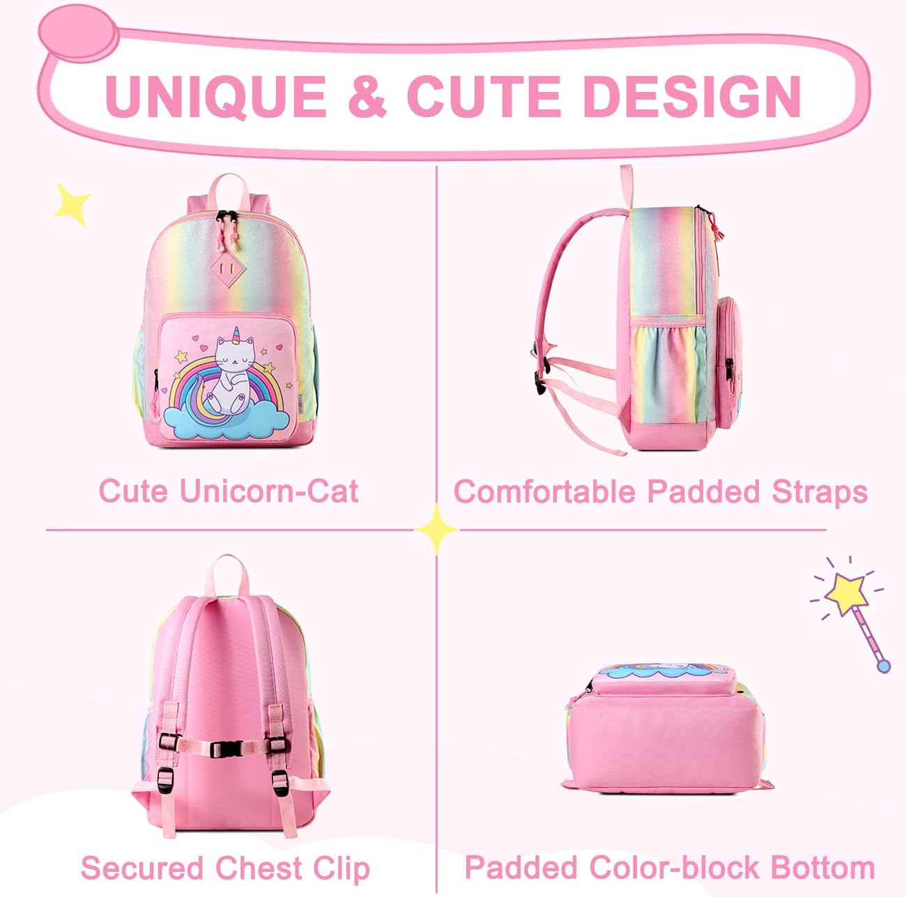 Backpack for Little Girls, VASCHY Cute Rainbow Lightweight Water Resistant Toddler Preschool Kindergarten Backpacks for Kids with Chest Strap image number 5