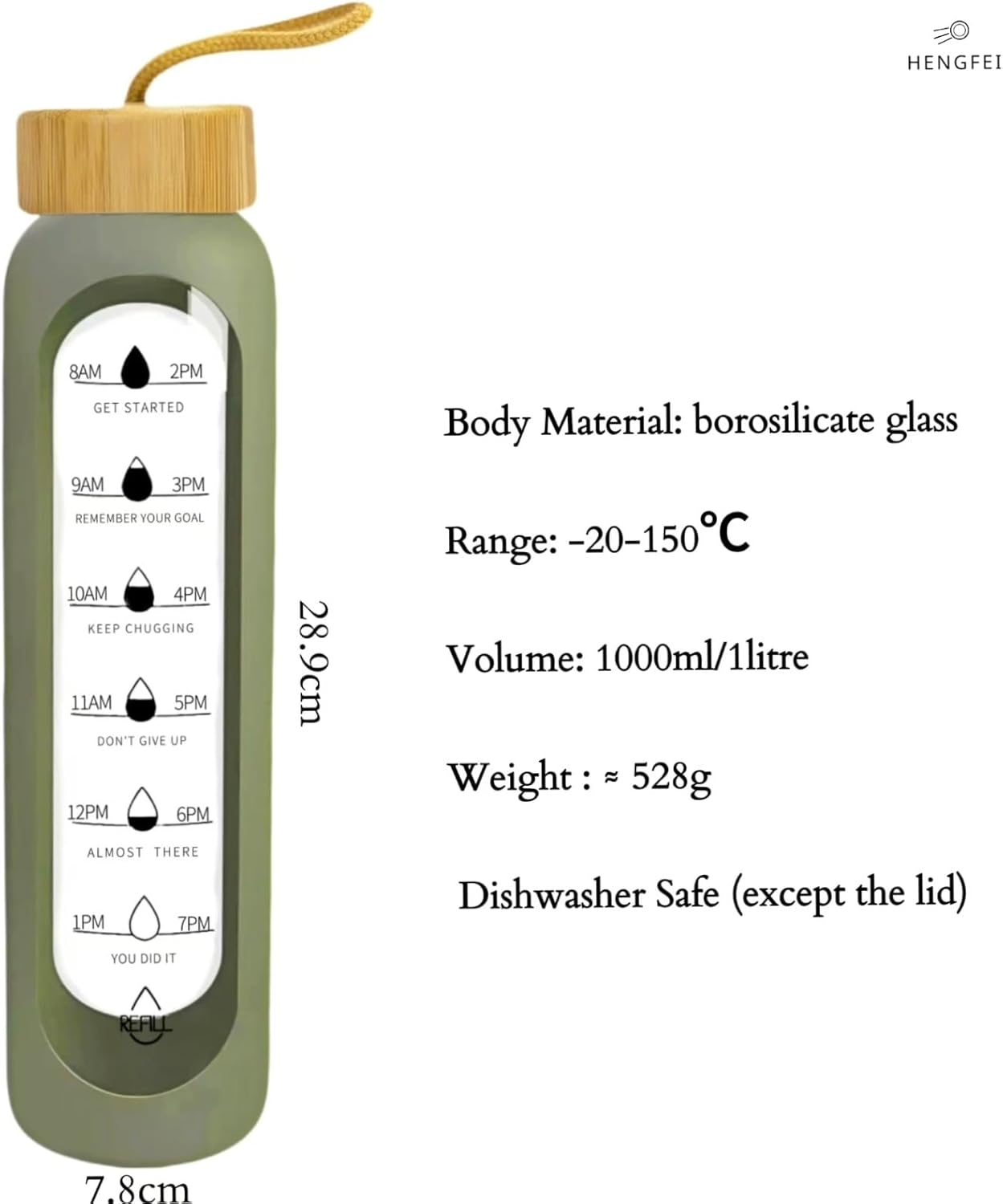 1Litre Glass Drink Bottle with Silicone Sleeve, Borosilicate Glass Water Bottle with Time Markings and Bamboo Lid, Wide Mouth (Army Green Silicone Sleeve, 1000Ml) - Dark Blue Silicone Sleeve image number 4