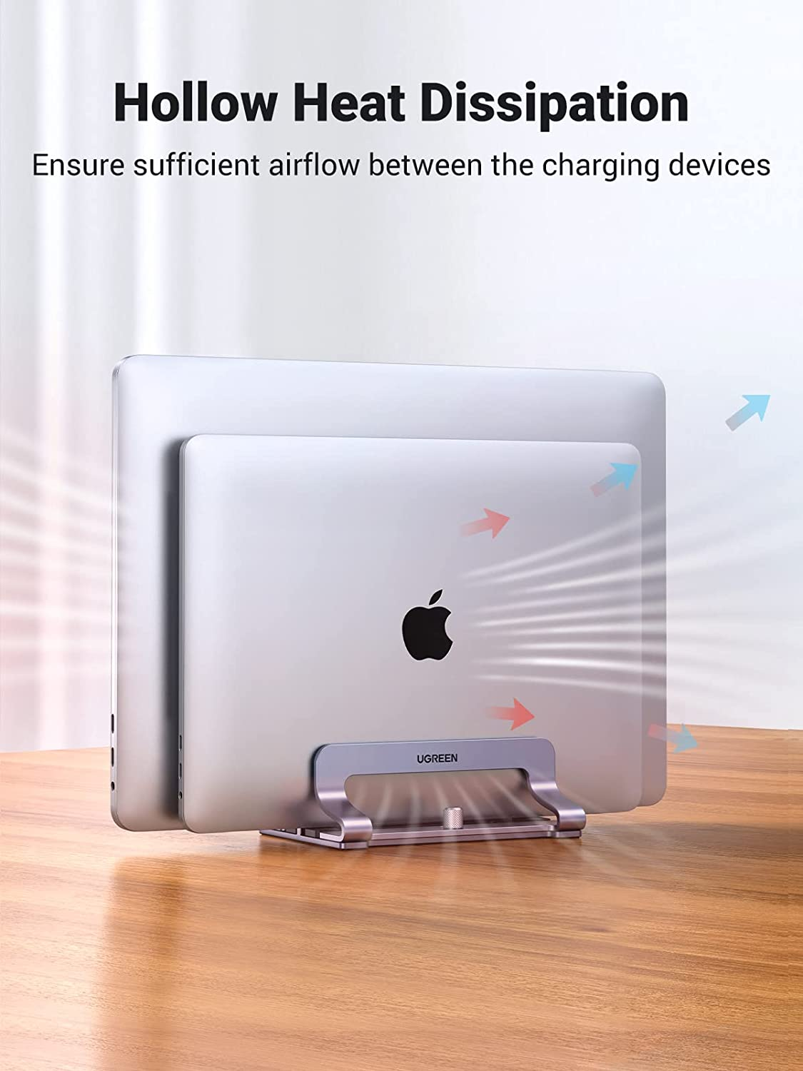 UGREEN Vertical Laptop Stand for Desk, Dual Slot Aluminum Holder, Adjustable Dock, Compatible with Macbook, Chromebook, up to 17.3 Inch, Grey image number 2