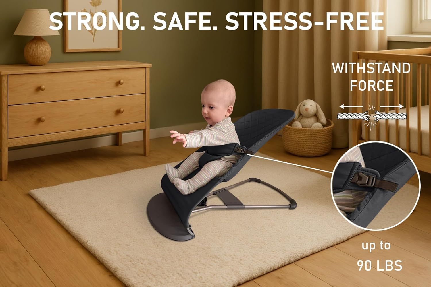 Fabric Seat for Bouncer - Compatible with Baby Bjorn Bouncer - Dense, Wear-Resistant, Skin-Friendly Cotton - Replacement Covers ONLY, Charcoal Black (Charcoal Black)