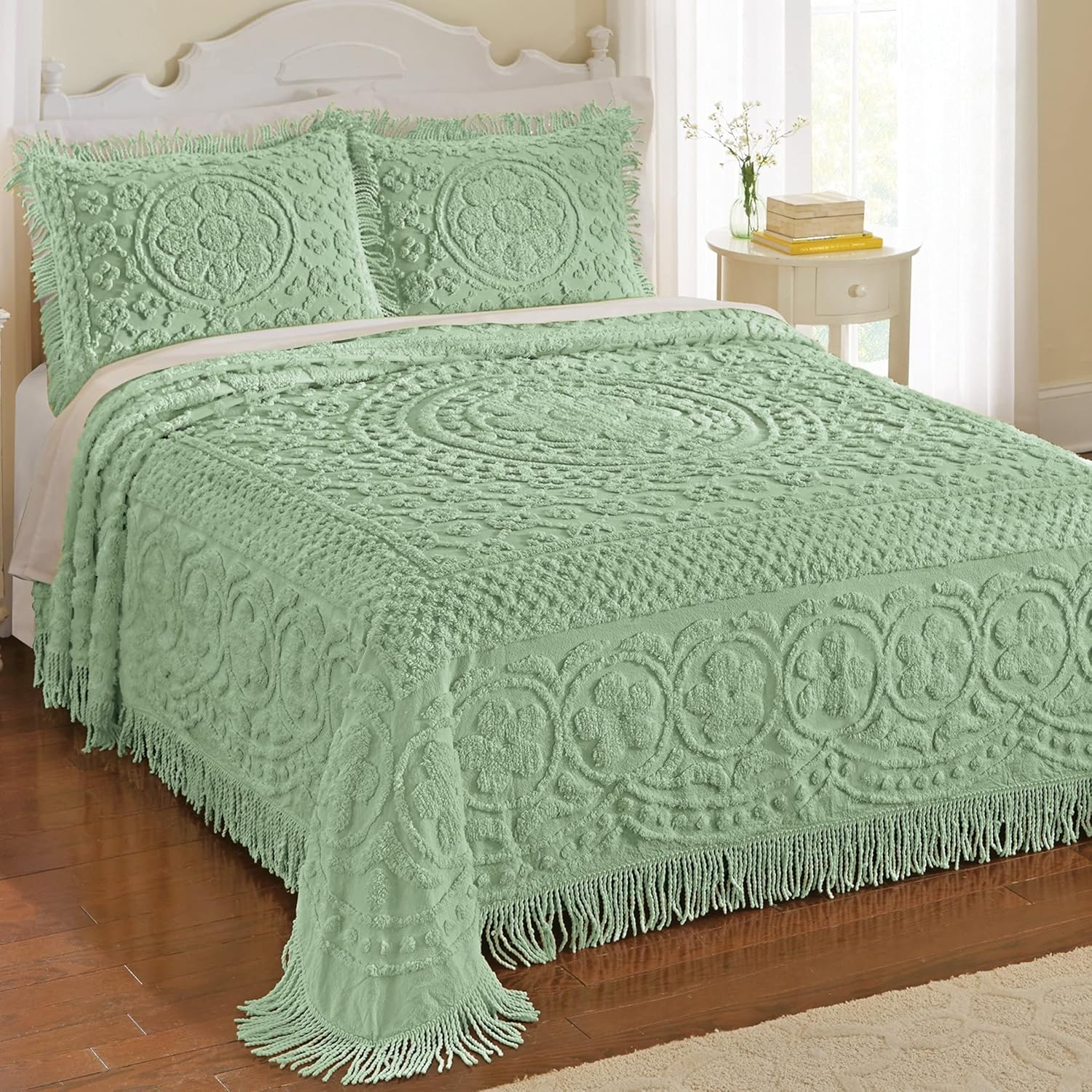 (Queen, Sage) - Calista Chenille Bedspread with Fringe Border, Sage, Queen, Cotton image number 3