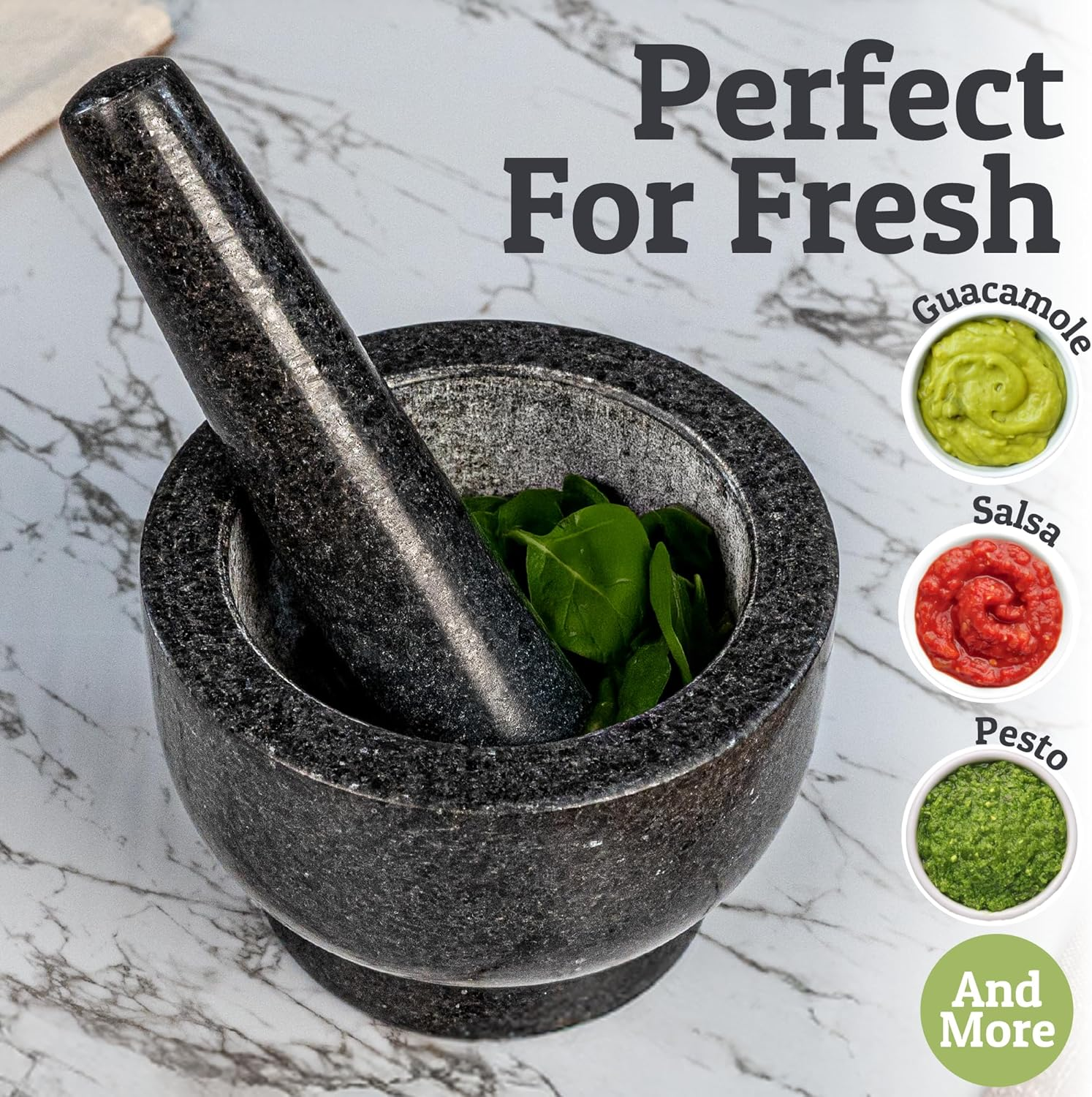 Heavy Duty Large Mortar and Pestle Set, 2 Cups, 100% Natural Granite Mortar and Pestle Stone Grinder Bowl, Molcajete Bowl, Avacado Masher Guacamole Bowls, Black