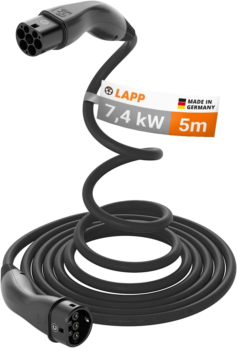 Lapp Type 2 5M Self-Retracting EV Helix Cable 7.4Kw 1P 32A, Type 2 to Type 2 EV/PHEV Charging, Black, Compatible with S/3/X/Y