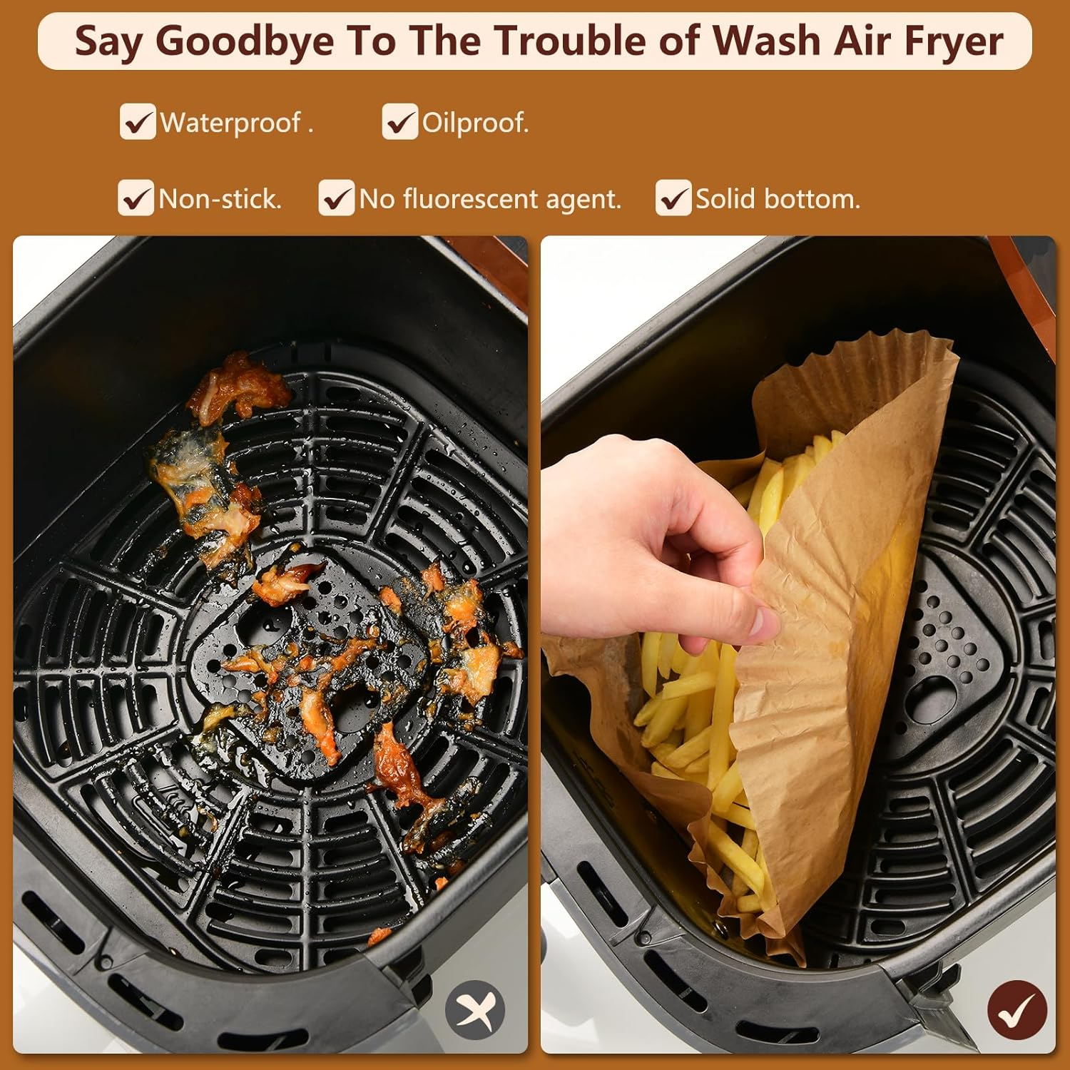 Tubon Air Fryer Paper Liners: Top 9 Inch, Bottom 8Inch Disposable Air Fryer Liners, 100PCS Oil-Proof, Water-Proof Square Air Fryer Accessories, Food Grade Non-Stick Parchment Paper image number 4