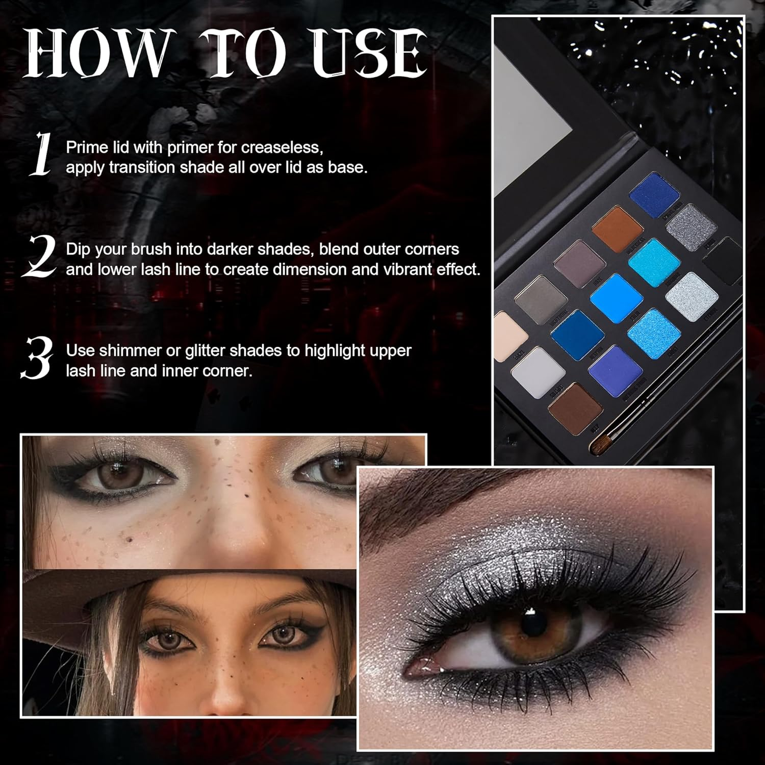 VANERIA Black Smokey Eye Shadow Palette,15 Colors Matte Glitter Metalli Eyeshadow Palette,Long Lasting Waterproof Pallete (Goth Red) image number 2