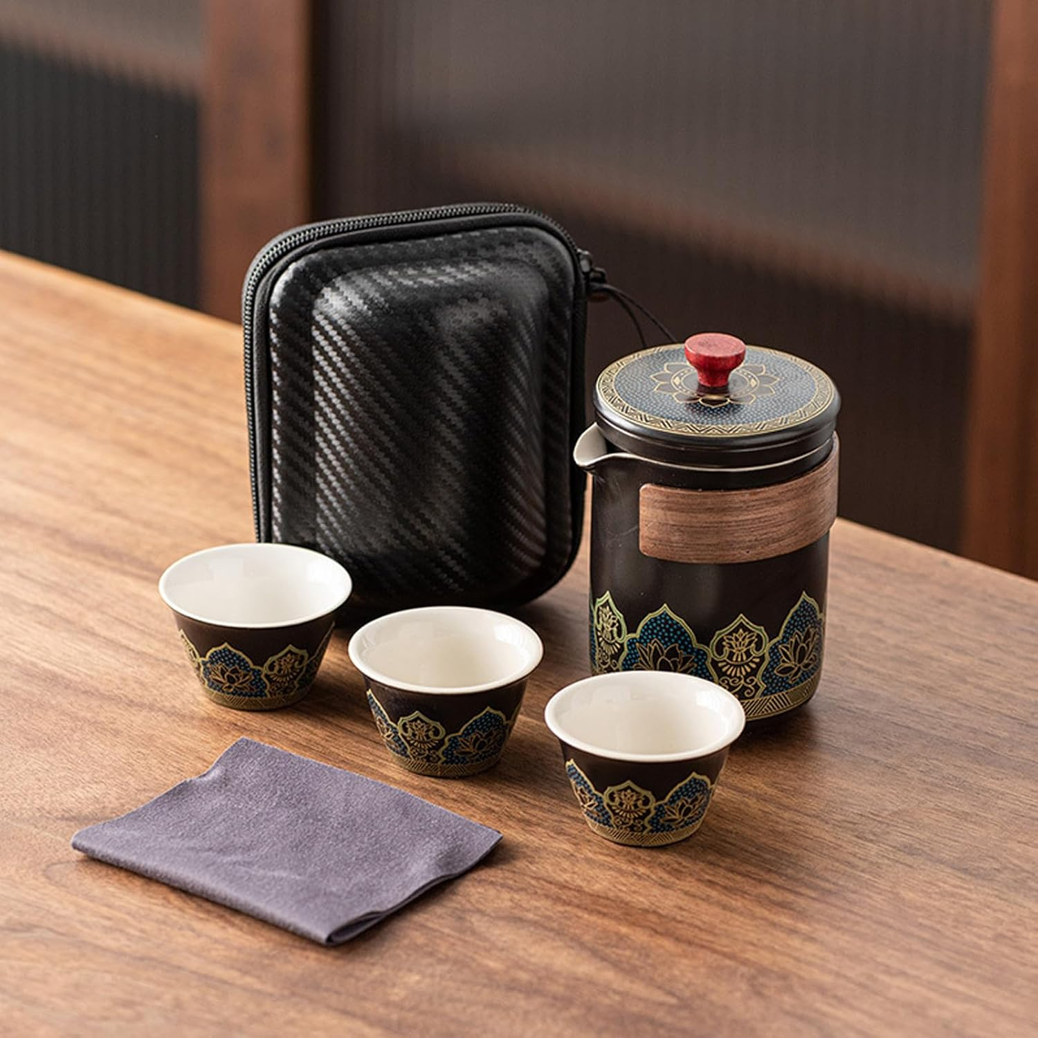 Teapot Set Chinese Travel Kung Fu Tea Set Pottery Made Elegant Asian Tea Set Portable Travel Tea Infuser Chinese Ceramic Tea Cup for Tea Lovers SH0034 (Black)