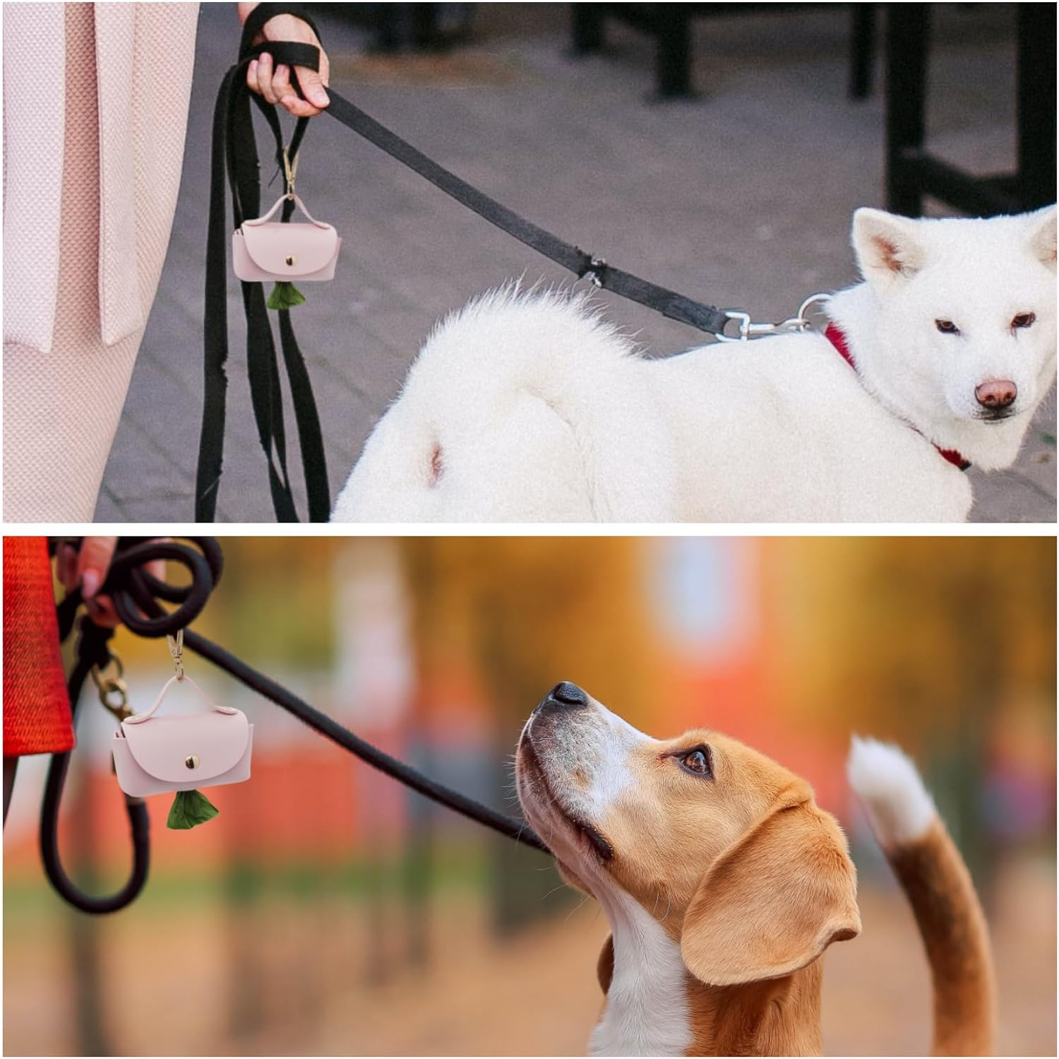 Leather Poop Bag Holder Dispenser for Leash, Portable and Reusable Dog Poop Bag Dispenser, Dog Bag Holder for Walking, Outdoor, Travelling (Pink) - Beige image number 4