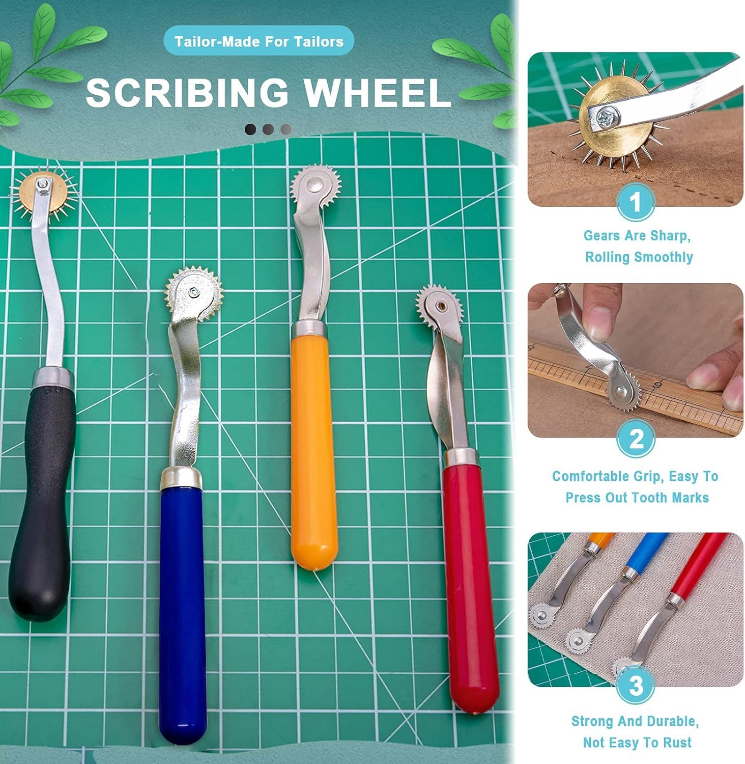 9 Pcs Leather Sewing Tools Kit Includes 4Pcs Colorful Tracing Wheel Sewing Tool, 4Pcs Tailors Chalk, Pattern Notcher, Scratch Awl for Leather Paper Cloth image number 5