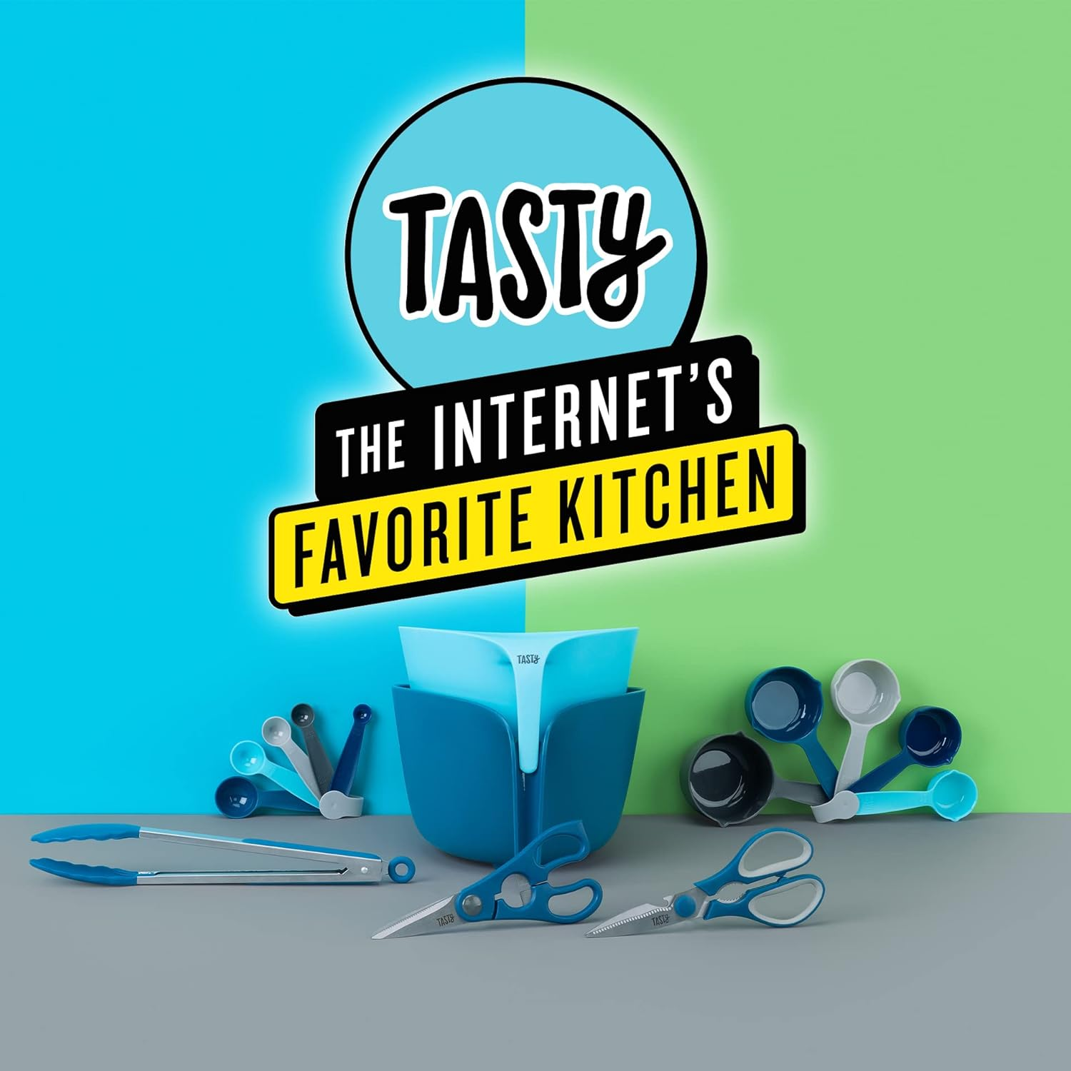 Tasty 5-Piece Measuring Cups Set for Baking, Nesting Plastic Cups, Light Blue, Blue, Grey - 1/8, 1/4, 1/3, 1/2, 1 Cup image number 2