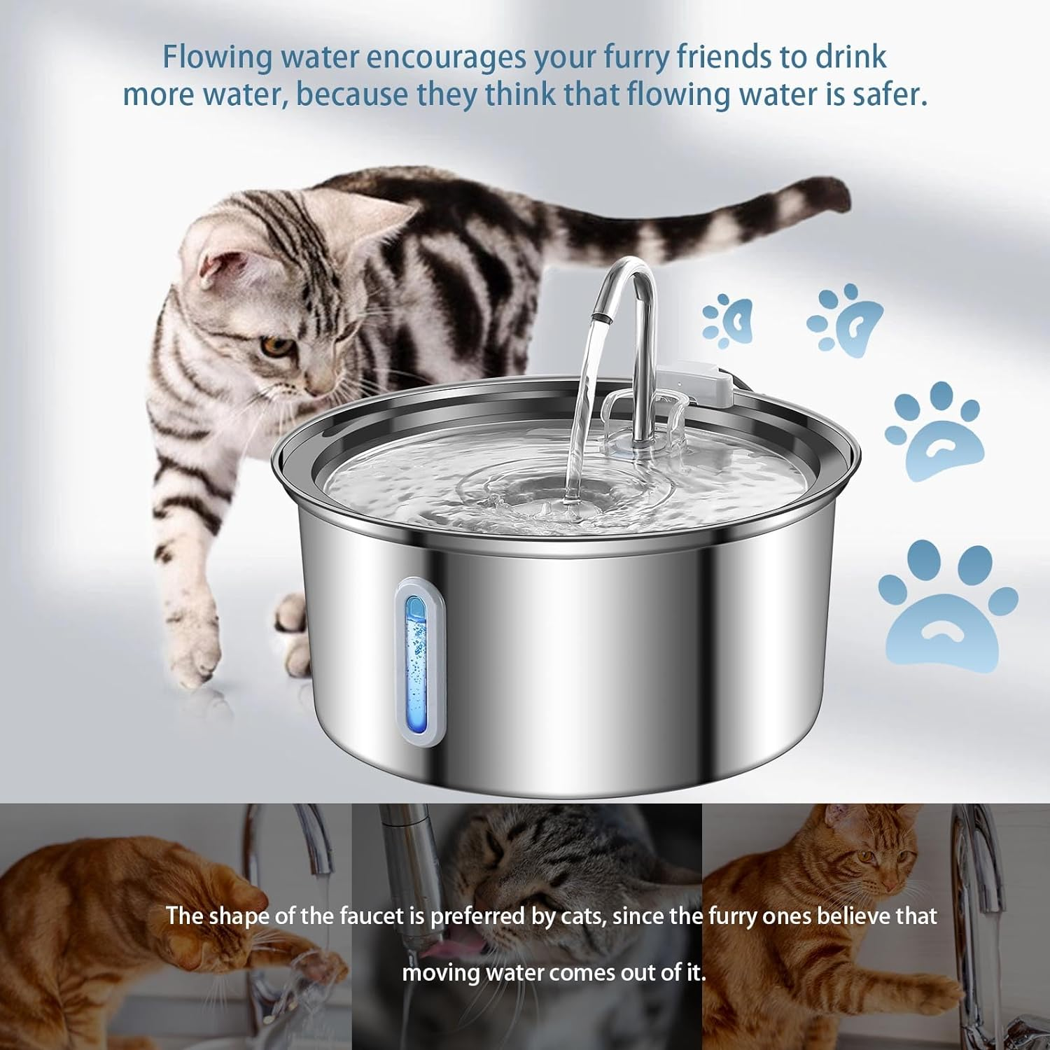 Ofat Home Cat Fountain - Stainless Steel, 108Oz/3.2L Cat Fountain with Water Level Window, Multi-Filter, Silent Pump, Easy to Clean, Provides Flowing Water image number 6