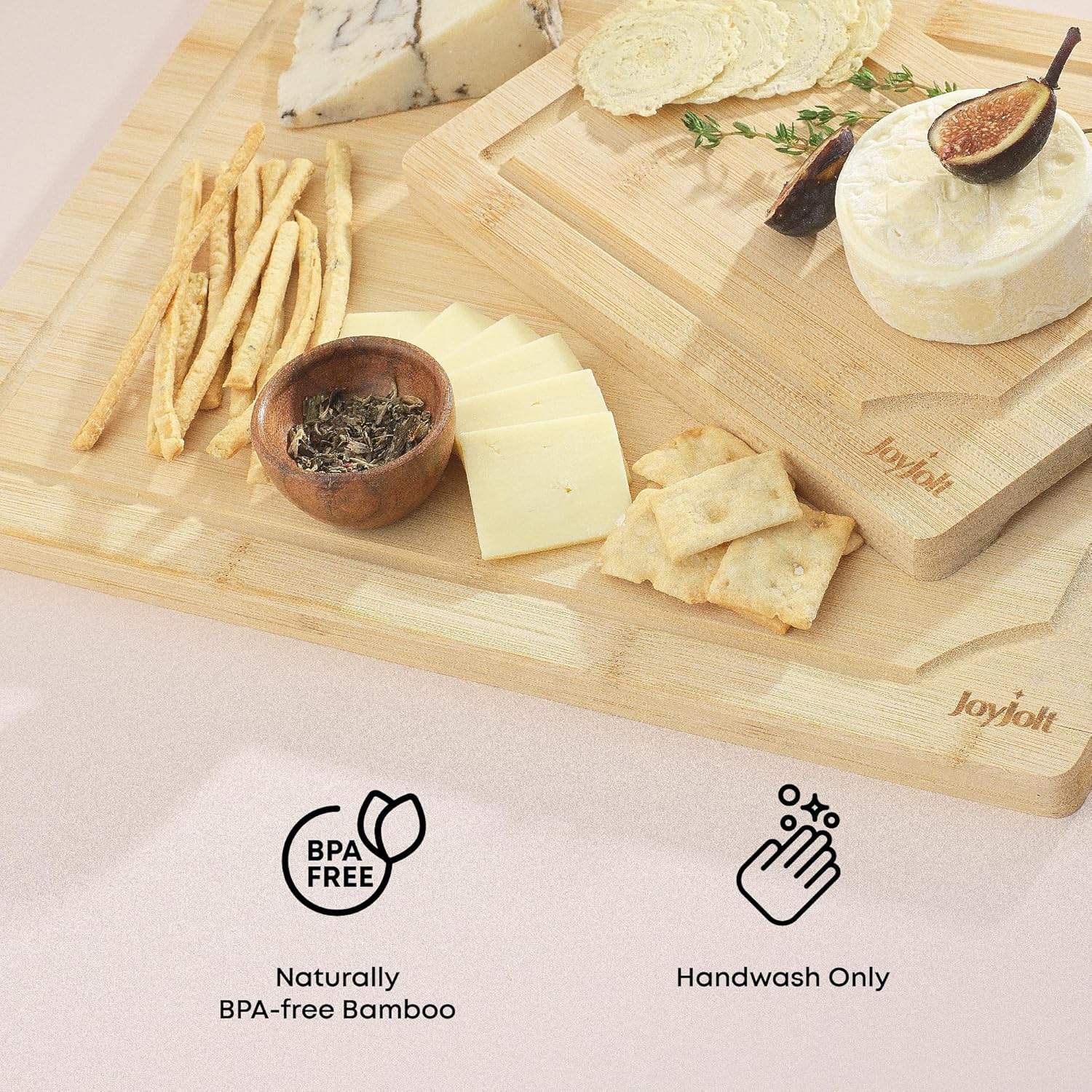 Joyjolt Bamboo Cutting Board Set, Wooden Cutting Boards for Kitchen. Large and Small Wooden Cutting Board Set; Serving Cheese Board, Bread Board or Chopping Board Set. Non Slip Wood Cutting Board Set