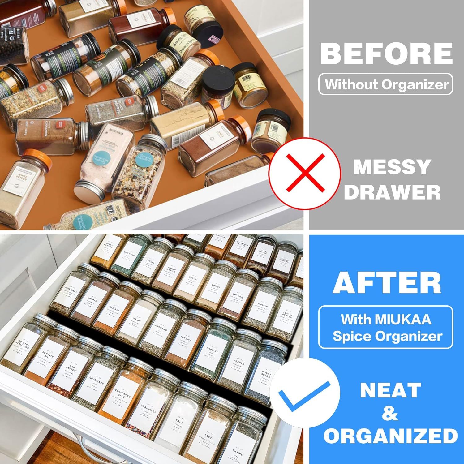 MIUKAA Spice Drawer Organizer, Black Acrylic 4 Tier 2 Set Expandable from 9" to 18" Seasoning Jars Drawers Insert, Kitchen Spice Rack Tray for Drawer/Countertop(Jars Not Included) image number 5