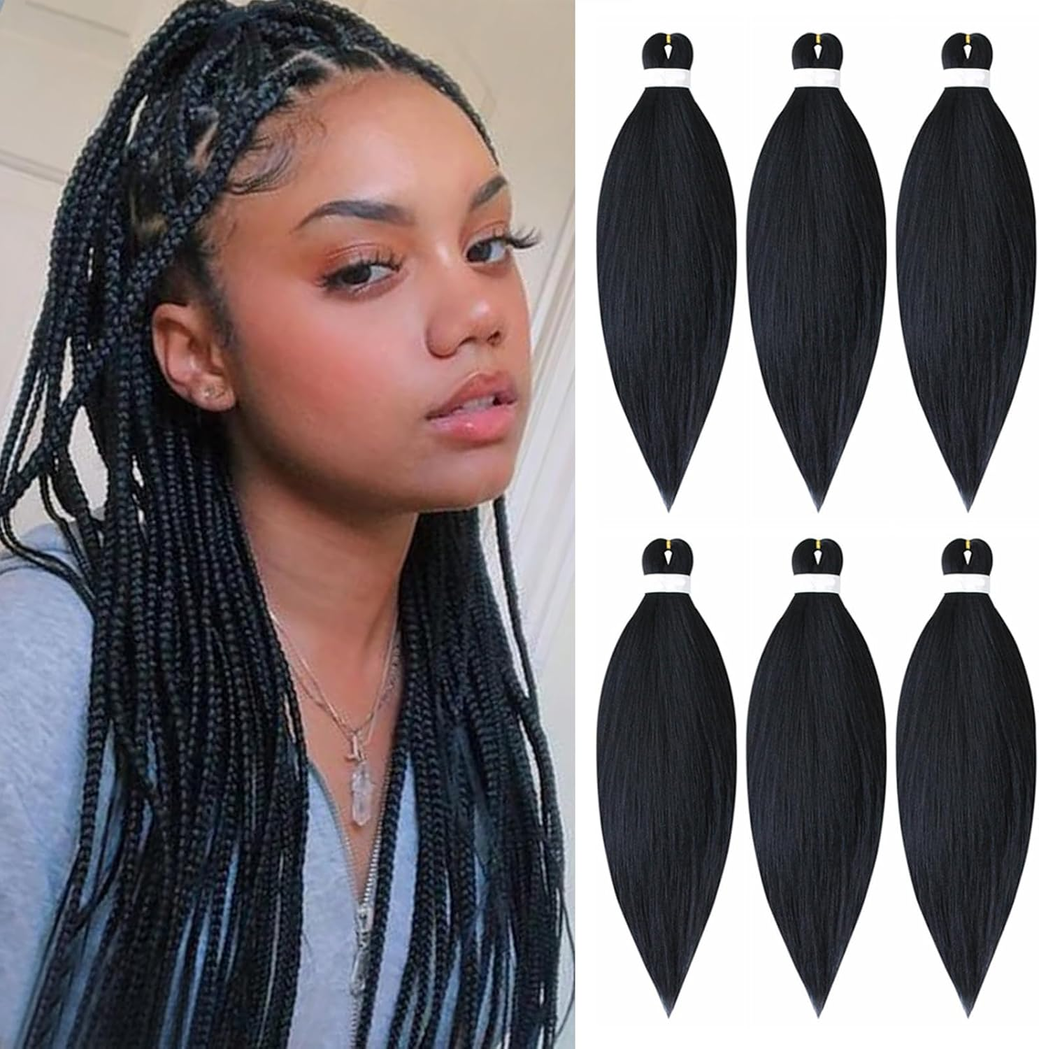 Pre Stretched Braiding Hair 26'' Easy Braid 6 Packs Professional Itch Free Synthetic Fiber EZ Braids Yaki Texture Knotless Braiding Hair Extensions (1B)