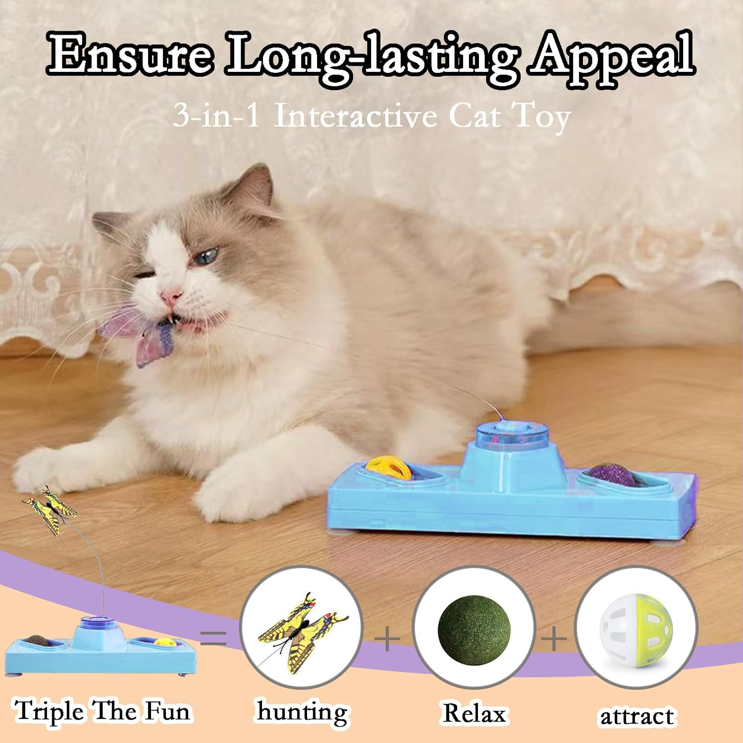 Cat Toys 3 in 1 Interactive Cat Toys for Indoor Cats - with Interactive Butterfly Flutter,Track Balls and Catnip image number 4