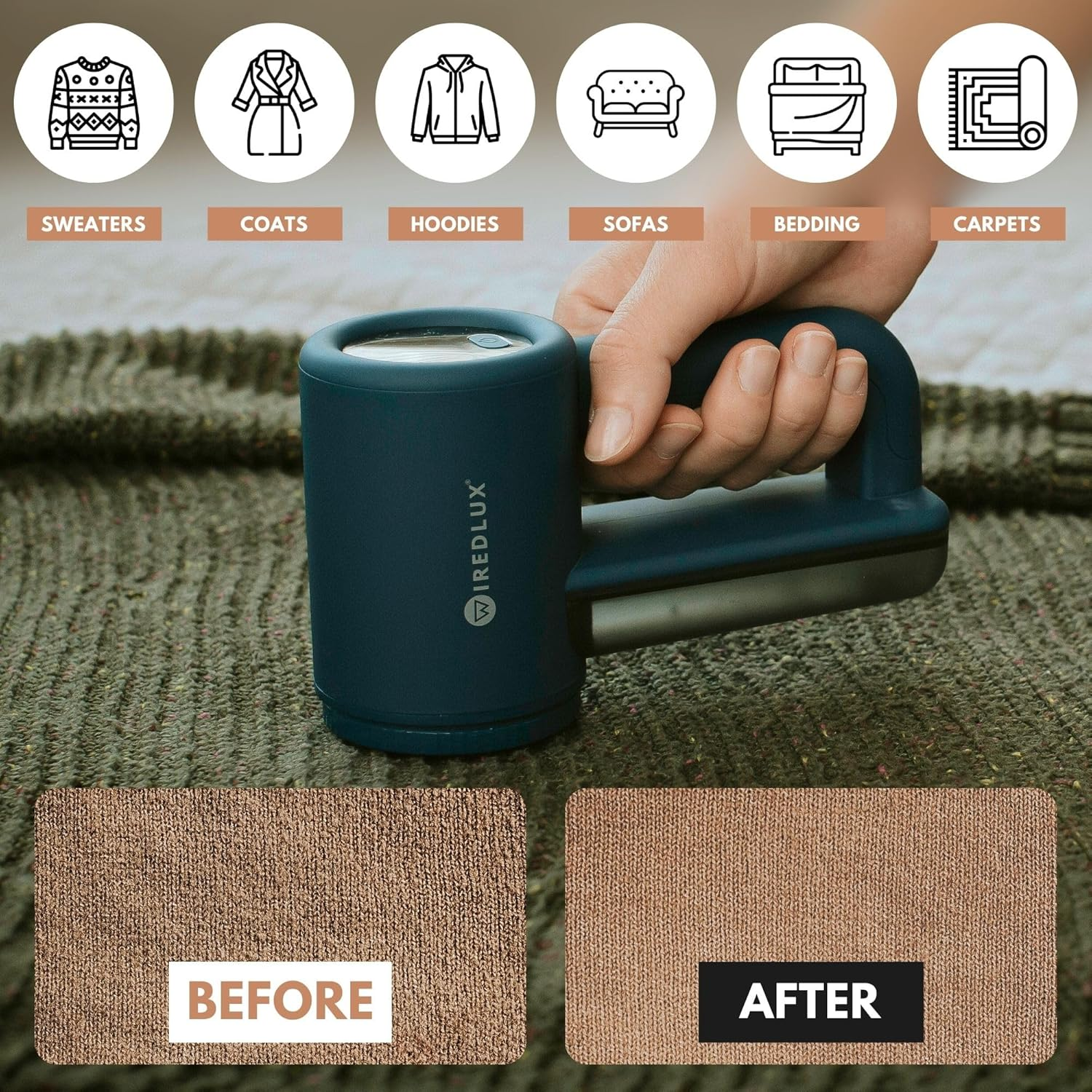 Electric Lint Remover Wiredlux - Rechargeable Fabric Shaver Bobble Remover for Clothes & Furniture - Adjustable 3-Speed, 6-Leaf Blade, LED Display, USB Charging image number 2