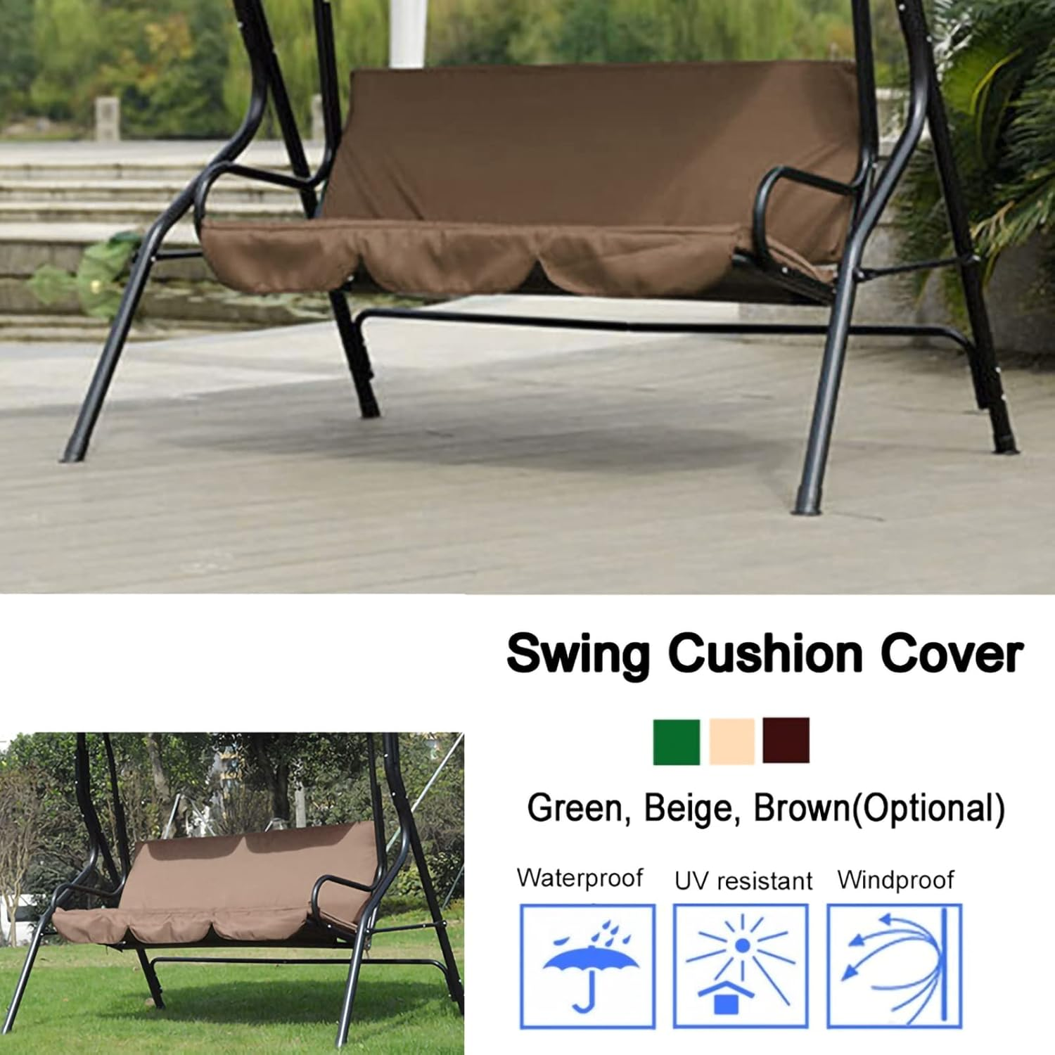 Bench Cushion Cover, 59.1X19.7X3.9In Outdoor Cushions, Waterproof Swing Cushion, Swing Seat Cushion Cover Replacement, 3 Seat Swing Chair Swing Hammock Protector (Coffee) image number 2