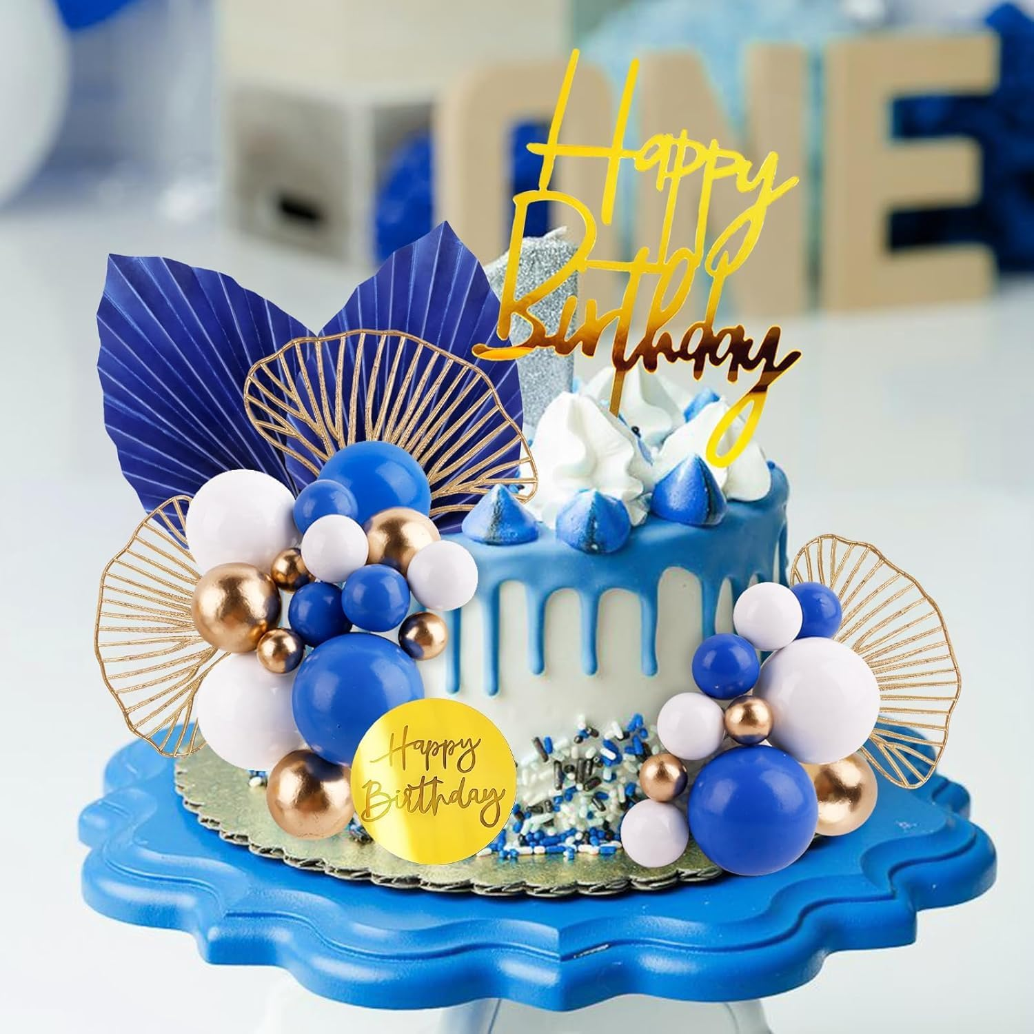 Blue White Gold Ball Cake Toppers Balls Cupcake Toppers Foam Ball Shaped Cake Picks DIY Balloon Cake Insert Topper Balls Birthday Cake Decorations for Birthday Boho Wedding Party