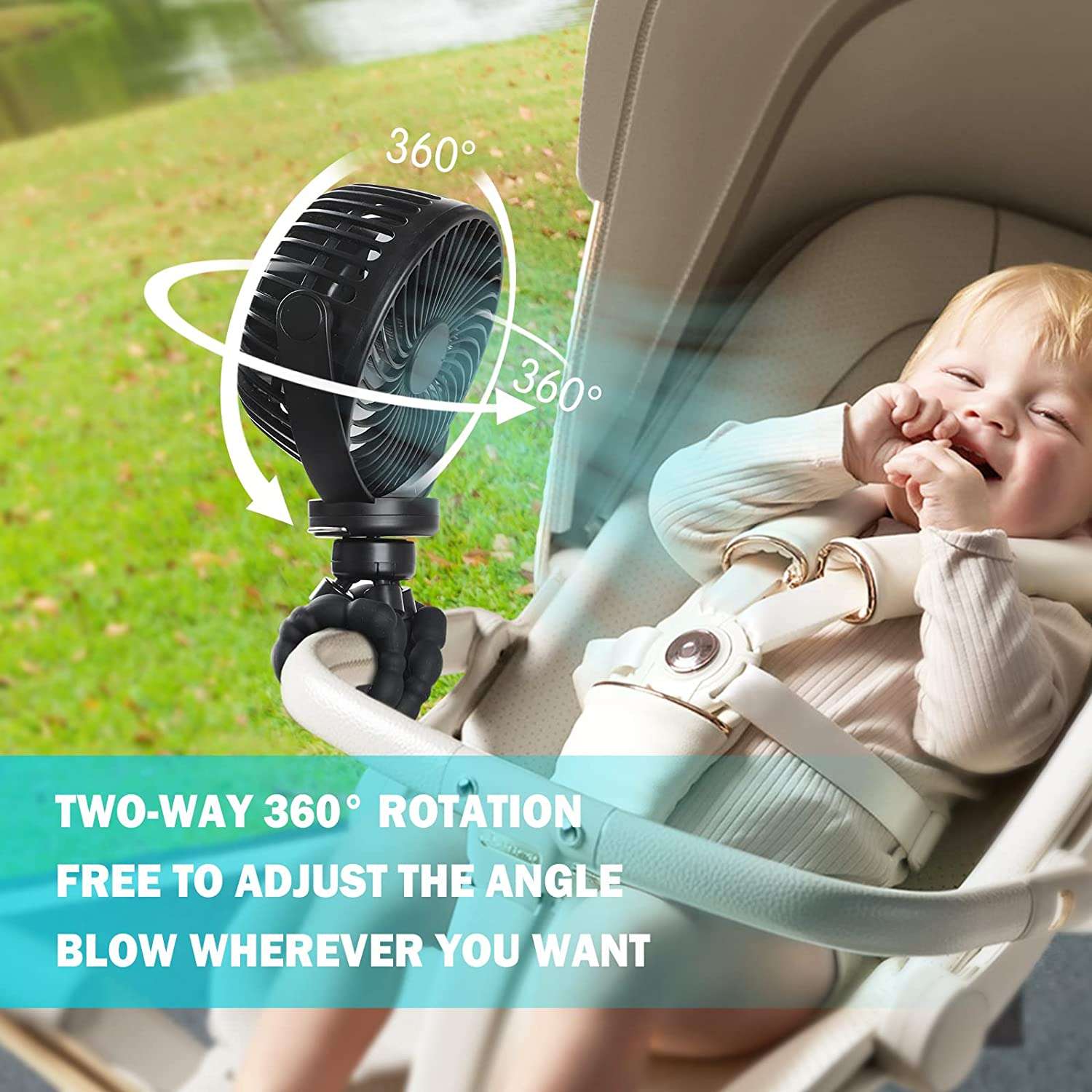 Simpeak Mini Portable Stroller Fan with Flexible Tripod, Rechargeable Small Clip on Fan Stroller Fan, Rechargeable 3 Speeds 360&deg; Rotatable Handheld Cooling Fan for Stroller Car Bike Camping Travel