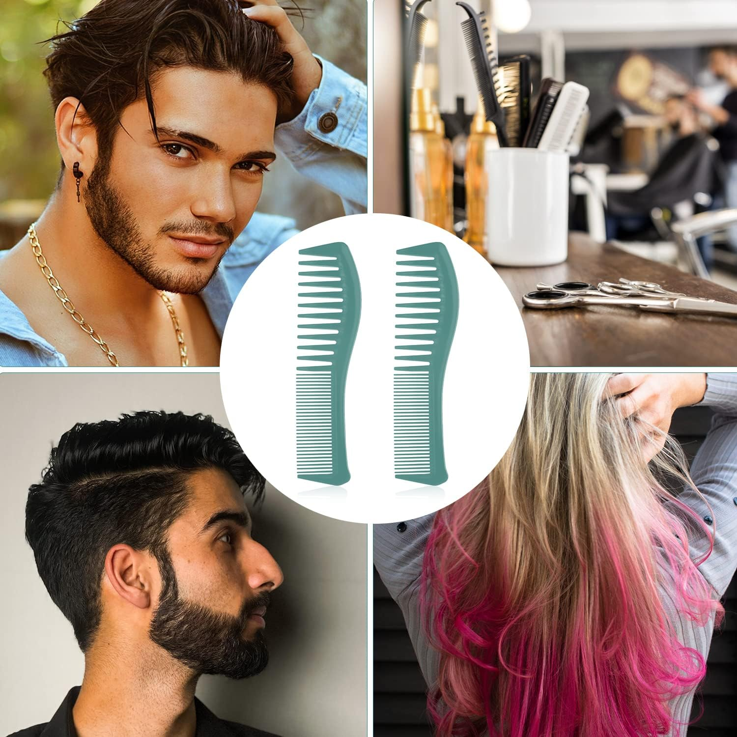 2PCS Hair Comb Set - Wide Tooth and Fine Tooth Plastic Hairstyle Combs for Men and Women - Large Barber Comb for Combing, Hairstyling, Trimming, Cutting (Green) image number 1