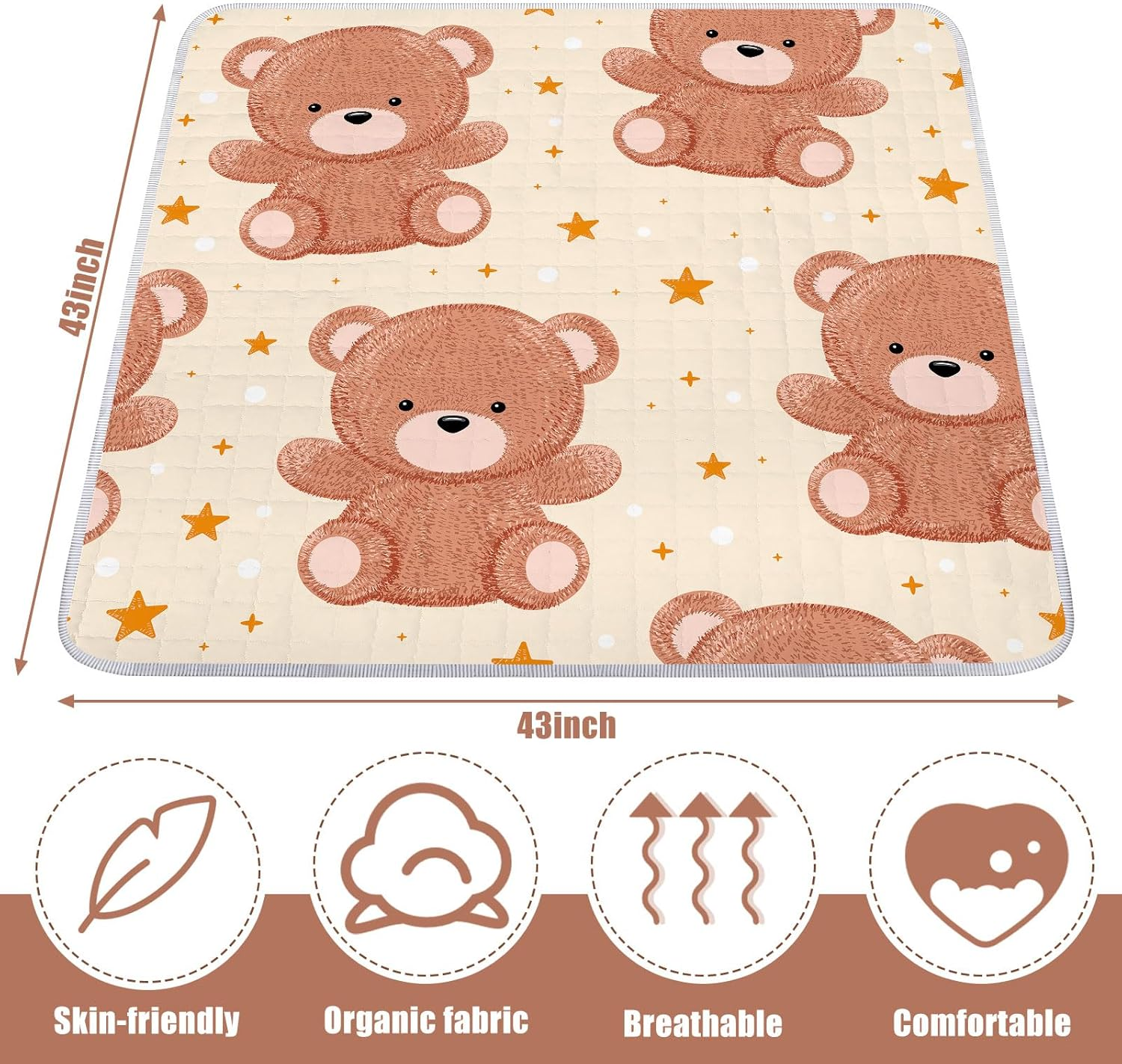 Funtery 43 X 43 Inch Boho Baby Play Mat Portable Crawling Washable Foldable Tummy Time Non Slip Baby Floor Large Playpen Mat for Infants Toddlers Floor Playpen Activity(Bear)