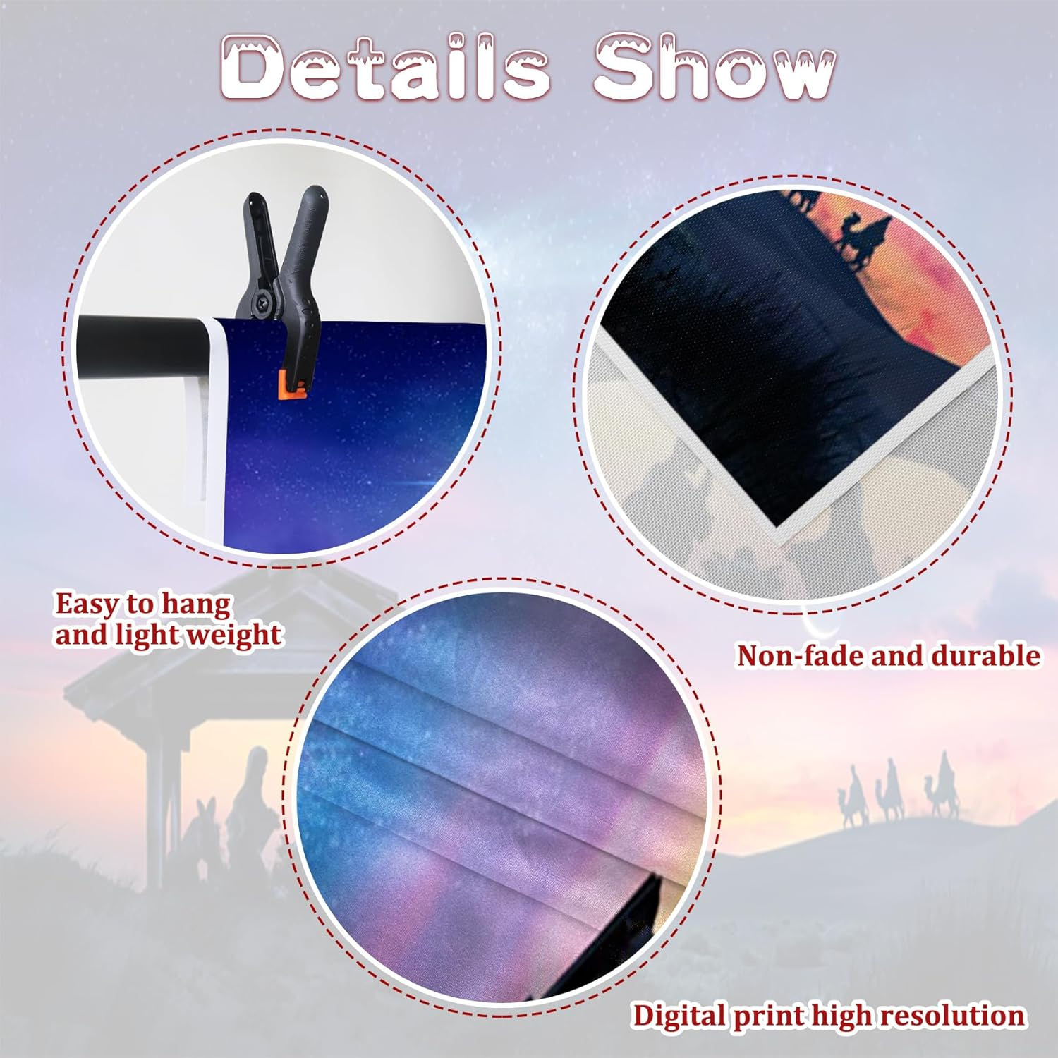 Renaiss 7X5Ft Birth of Jesus Backdrop Evening Manger Scene Photography Background Christmas Blue Starry Sky Holy Night Orange Sunset Banner Camel Desert Portrait Photobooth Banner Party Decorations image number 4