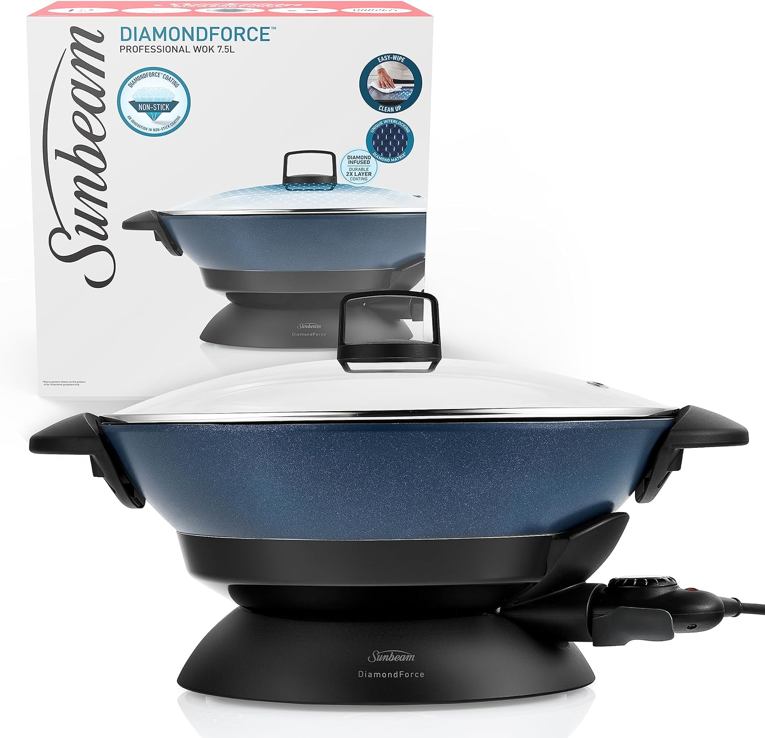 Sunbeam Diamondforce Electric Wok | Non-Stick Diamond-Infused Electric Pan Coating, Easy Wipe Clean-Up, 7.5L Large Capacity, Energy Efficient Cooking 2400W, Dark Blue WWM7100DF