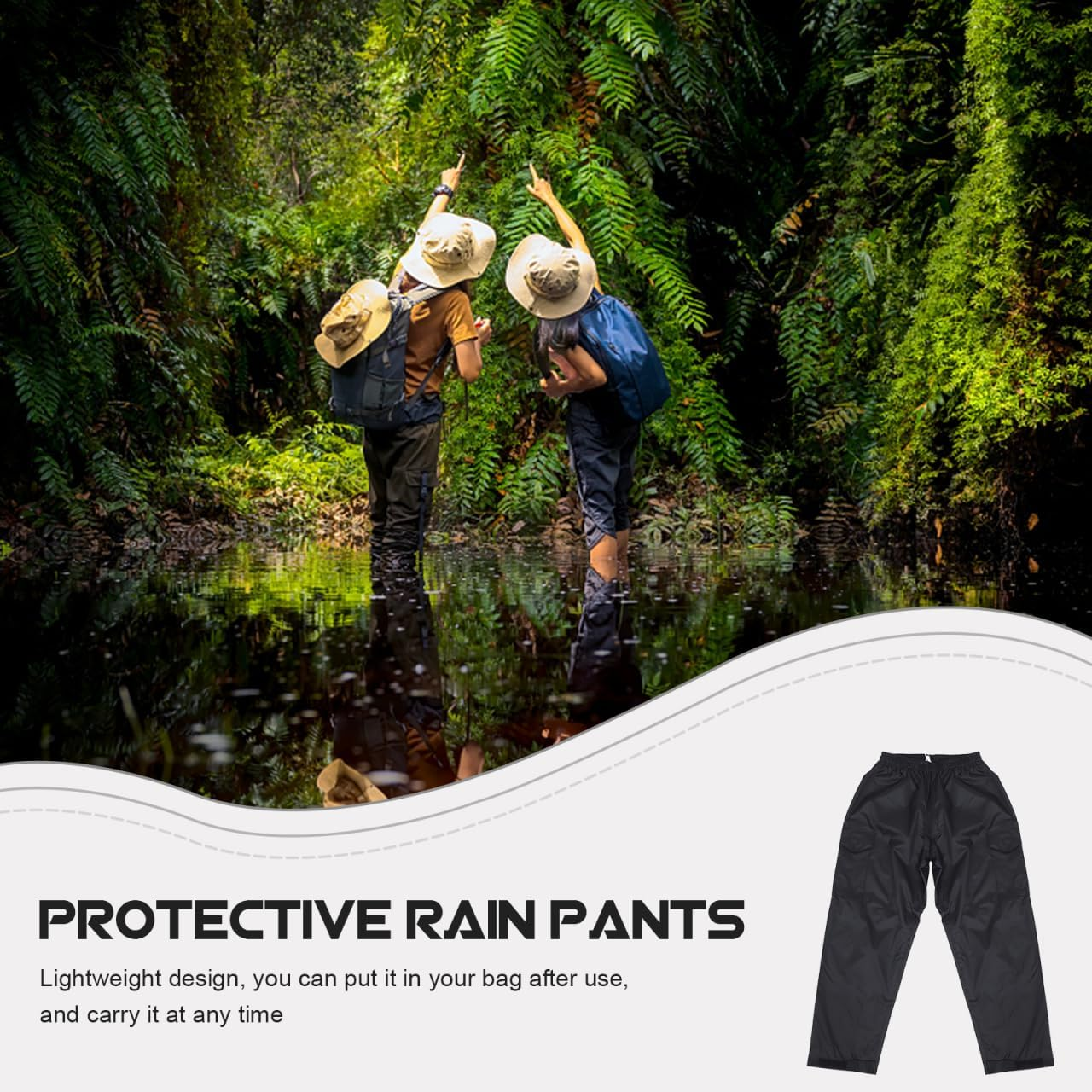 Waterproof Rain Pants for Men and Women Double-Layer Breathable Outdoor Trousers with Elastic Waistband Hiking and Travel Rainproof Pants Black image number 2