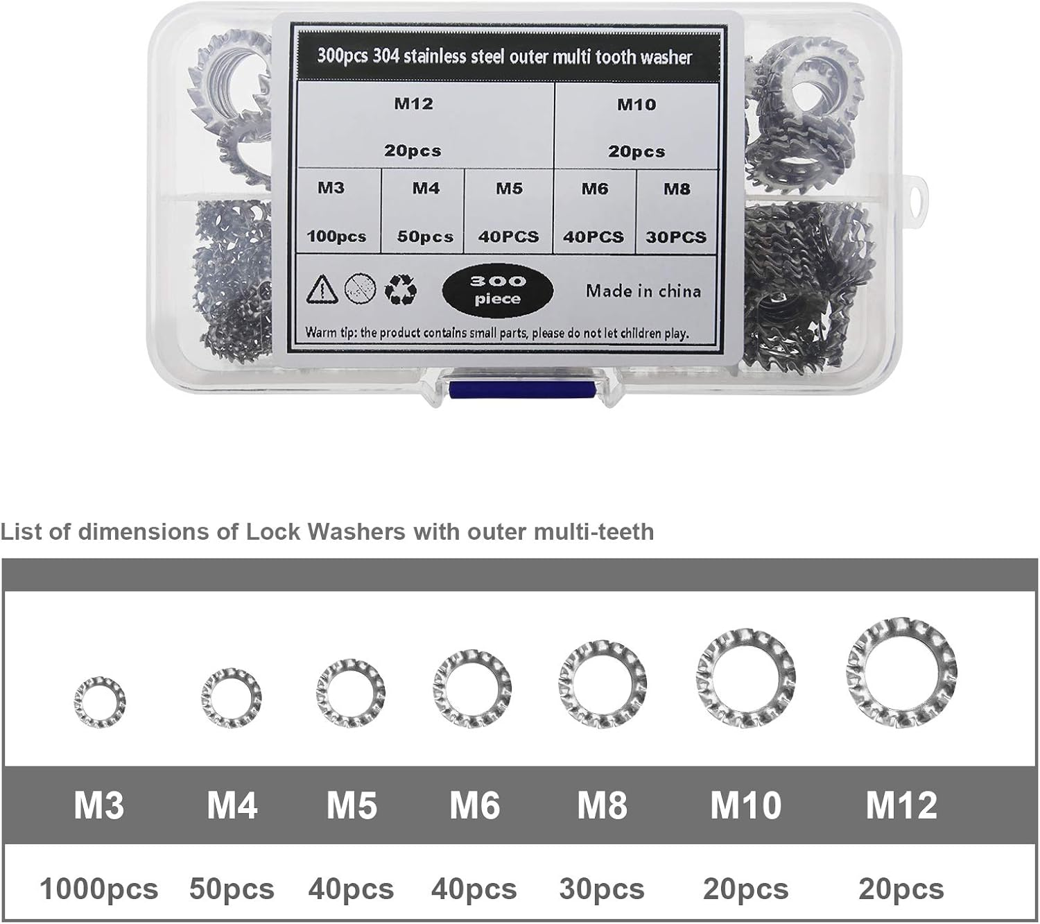Emsea 300Pcs M3-M12 External Serrated Lock Washers Assortment Set with Storage Box M3 M4 M5 M6 M8 M10 M12 304 Stainless Steel image number 3