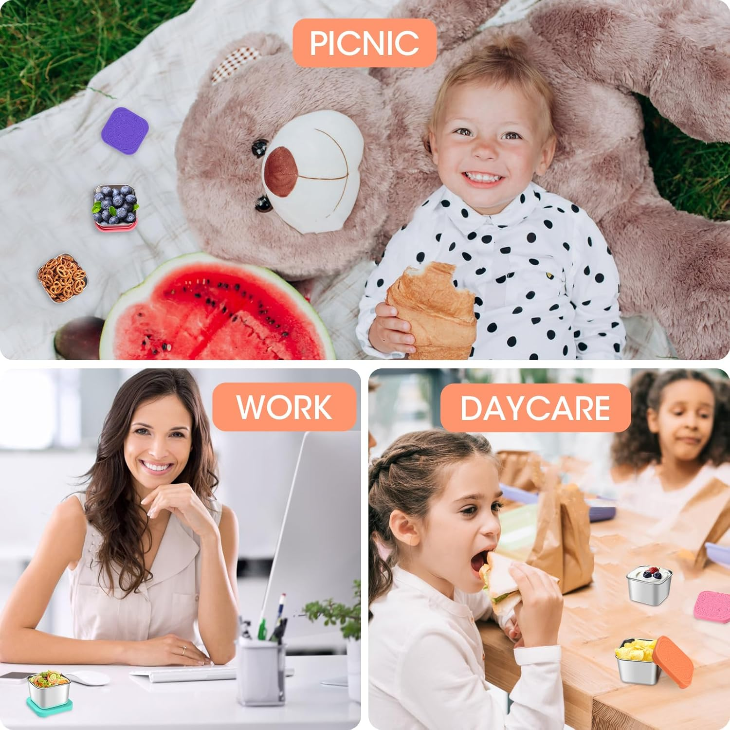 4 Pcs Stainless Steel Snack Containers, Snack Box, Metal Food Storage Containers with Colored Lids, Easy Open Stackable Small Lunch Box for Lunch, Travel, Parties(Color:Colorful) image number 2