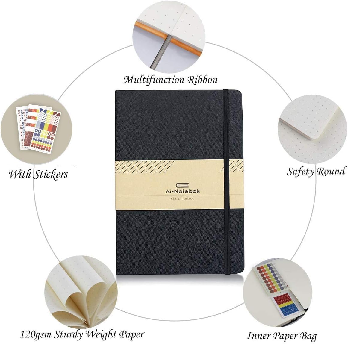 Classic Dotted Notebook Journals - Black A5 PU Leather Hardcover Notebooks for Men and Women, 192 Pages 120 Paper with Inner Pocket, 5.75 &times; 8.5 Inches image number 5