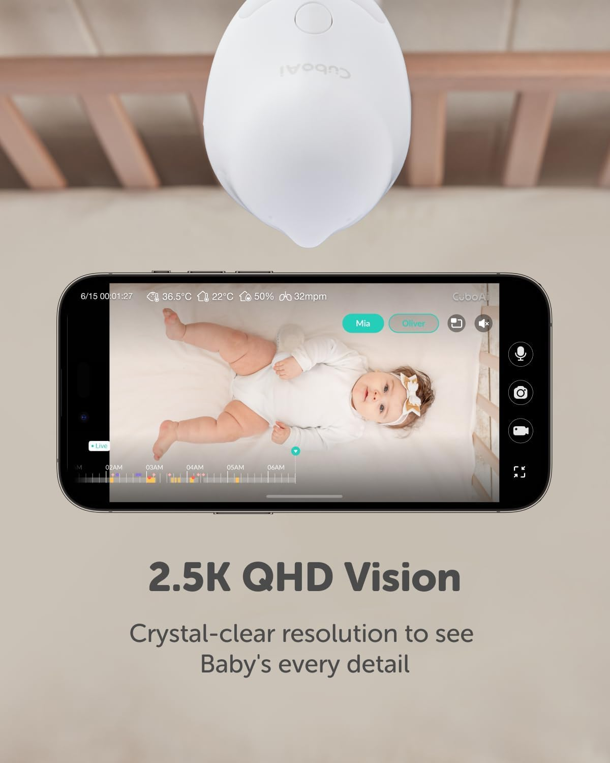 Cuboai New Model Smart Baby Monitor 3: Sleep Safety Alerts for Covered Face Rollover, True Cry Detection, 2.5K QHD Wifi Camera, Humidity Sensor, 2-Way Audio, App Control (Floor Stand Set) image number 3
