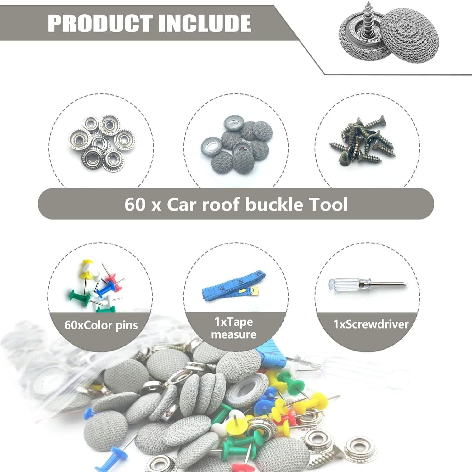 60 Pcs Automotive Car Roof Headliner Repair Kit, Universal Auto Roof Snap Rivets Repair Button Retainer Design for with Installation Tool and Fit All Cars Roof Flannelette Fixed (Gray)