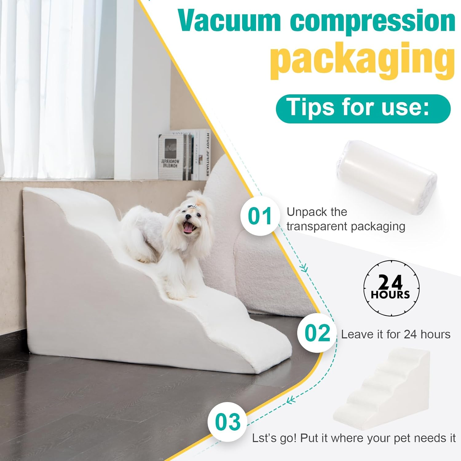 Uross Dog Stairs for Small Pet 60CM Height - Dog Steps Ramps for Bed Couch, High Density Foam Pet Stairs for Dogs to Get on Bed, 5 Tiers Cat Doggy Steps Ramps for Joint Pain(Beige image number 4