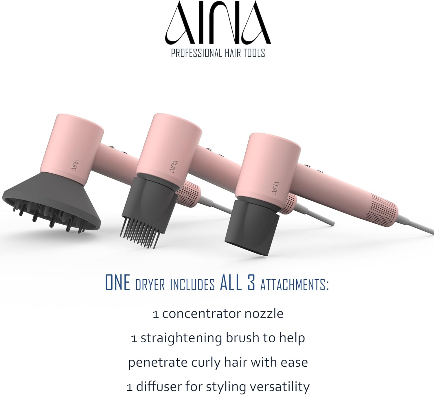 AINA Hair Dryer, Blow Dryer with Diffuser Brush Comb for Women - BLDC Hair Dryer - Brushless Motor, 110,000 RPM Lightweight, Ionic Travel, 3 Magnetic Attachments(Pink) image number 4