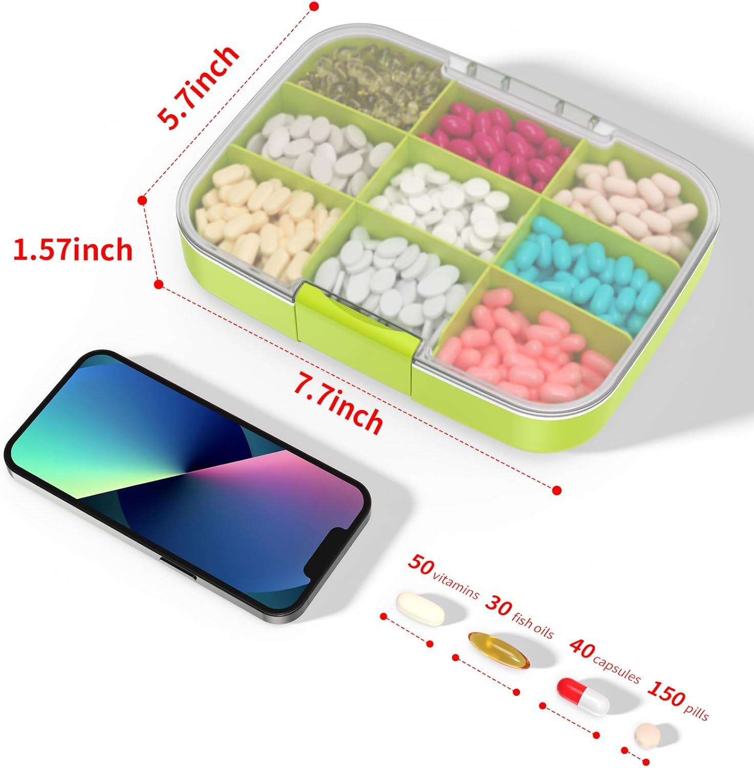 RESTREE Pill Organizer, Portable Pill Dispenser, Moisture-Proof Travel Pill Case for Vitamin, Medicine, Fish Oil/Supplements Extra Large 9 Compartments(Green) image number 3