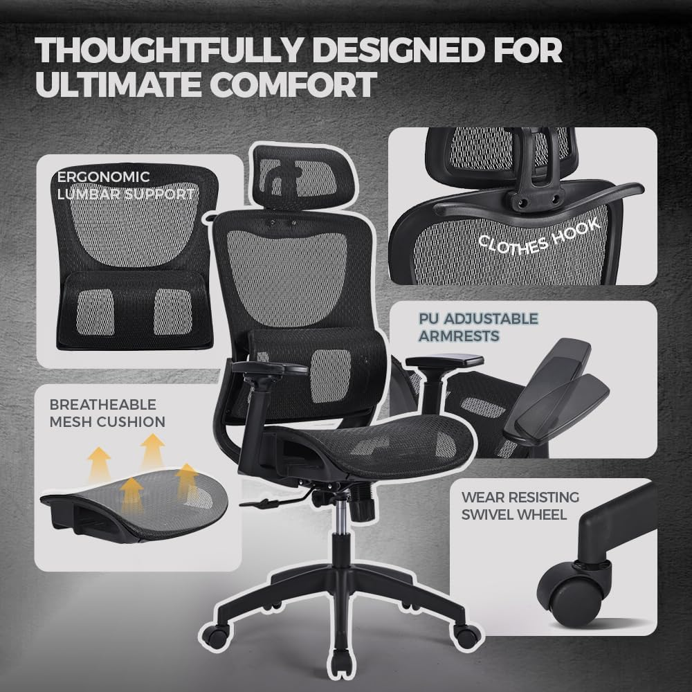 Furb Ergonomic Office Chair with Breathable Mesh, Adjustable Headrest High Back Computer Desk Office Chair for Home Office, Gaming, and Study Black image number 5