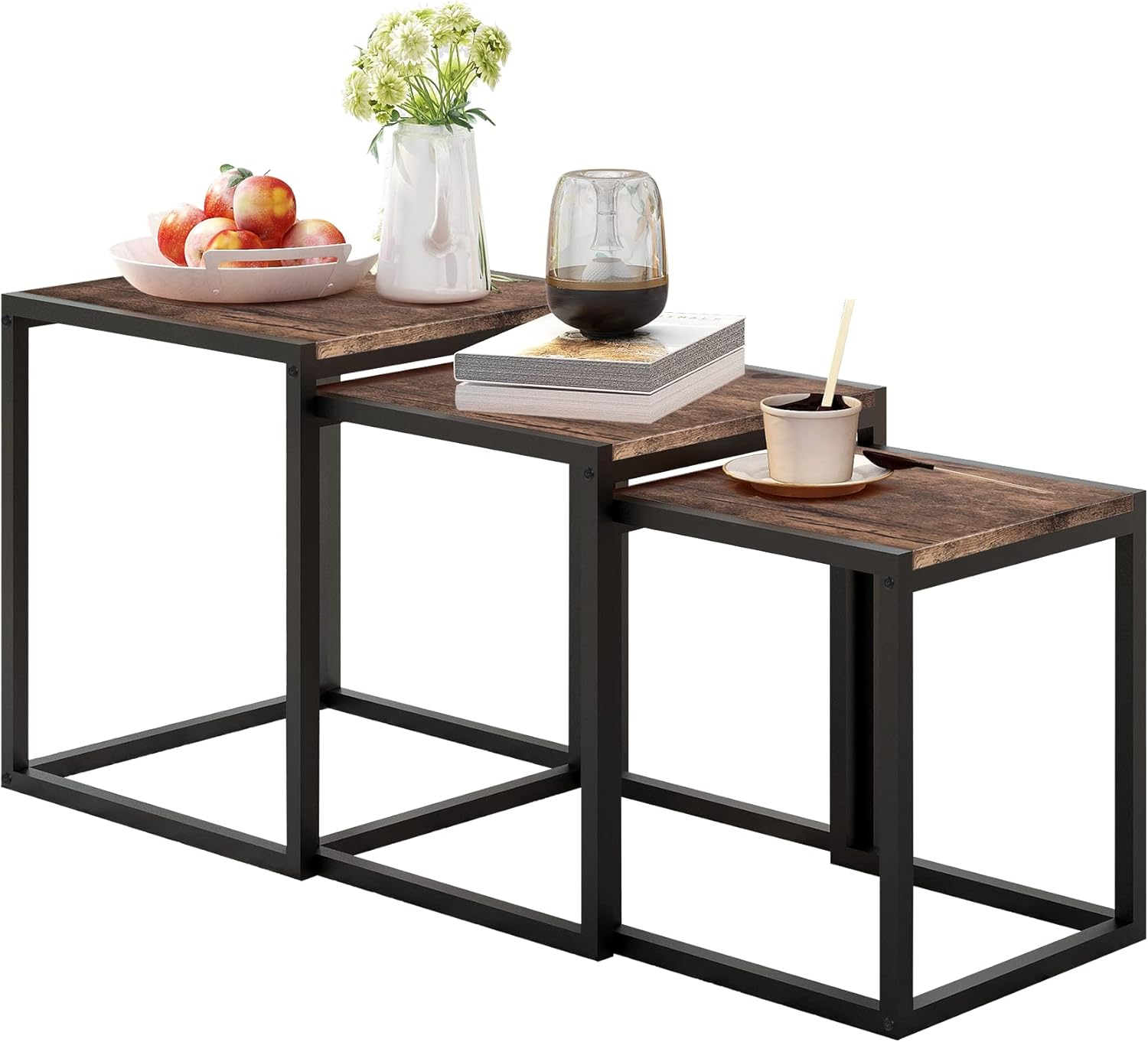 Nesting Table Set of 3 End Tables, Modern Minimalist Coffee Table, Stackable Tables with Metal Wood Stacking Side Table for Living Room, Bedroom, Brown/Black - Brown/Black image number 5