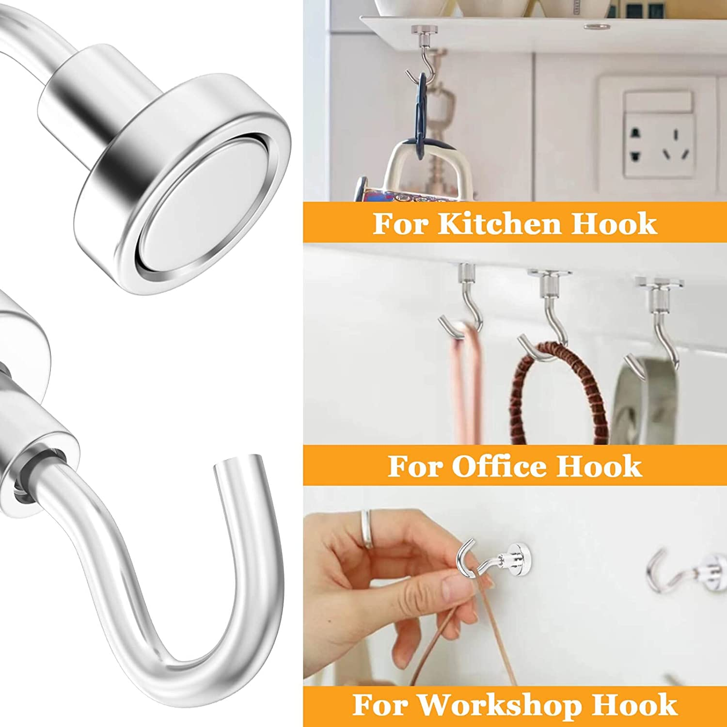 MIN CI 20Pack Magnetic Hooks Cruise Heavy Duty, 25LBS Strong Neodymium Metal Magnets Hook for Hanging Cruise Ship Camping Grill Kitchen Fridge Garage Wall and Refrigerator,Silver,E16Mm-20Pack image number 6