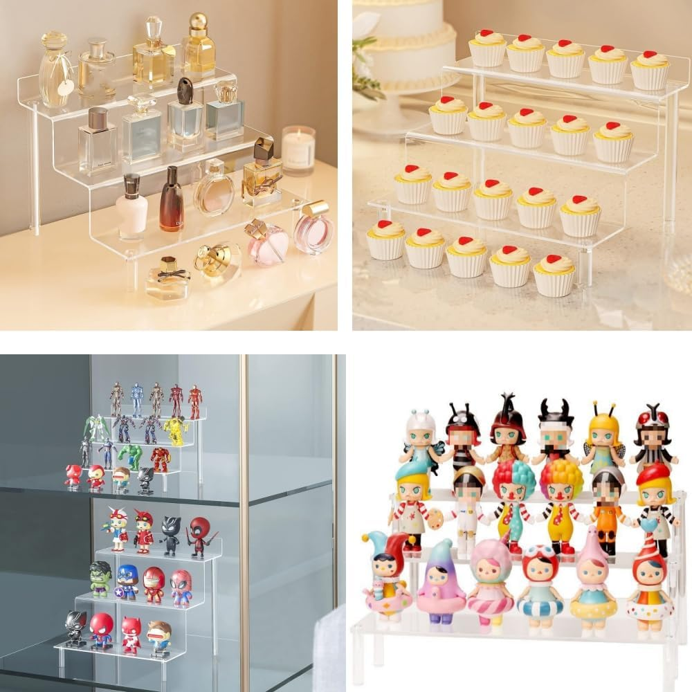 4 Tier Acrylic Riser Shelf, Clear Display Stand, 20*8 Cm, for Figures, Desserts Holder, Collections Organizer and Cosmetic Items