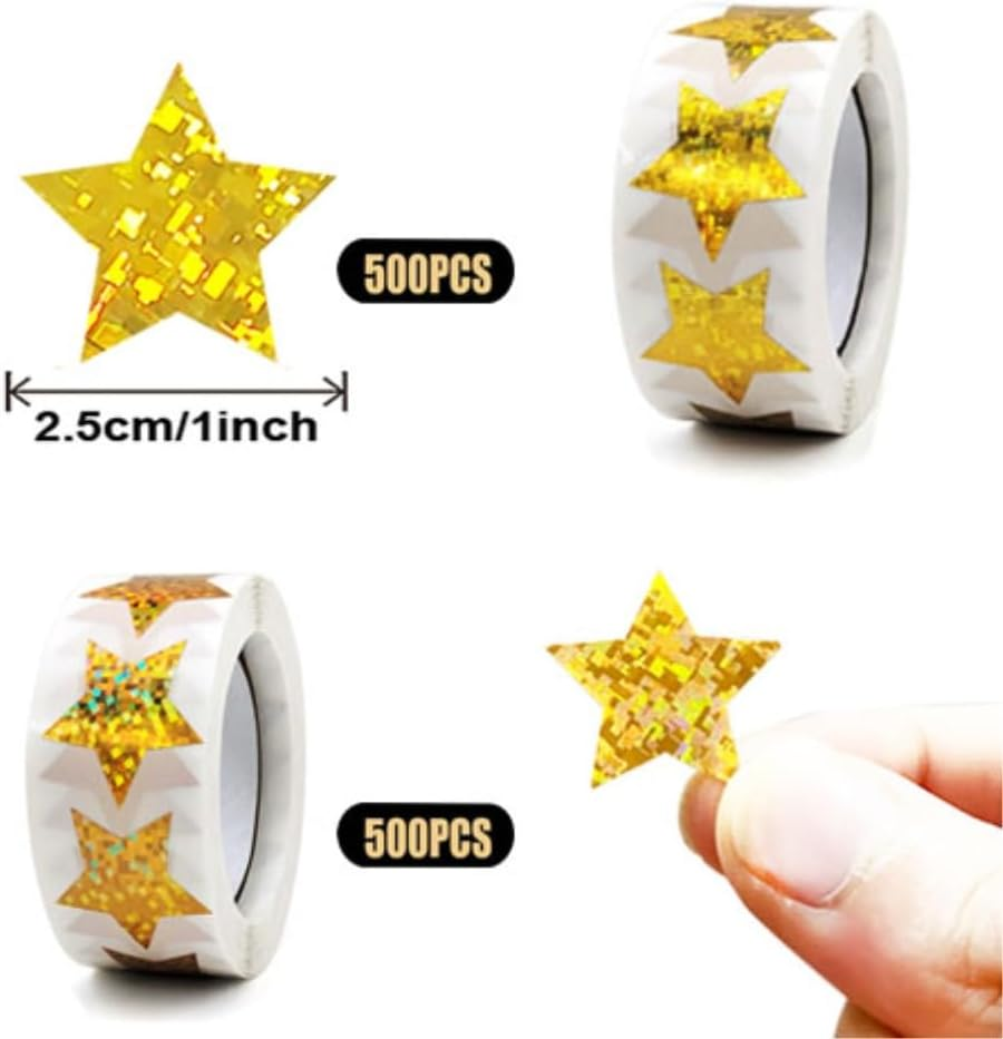 1000 PCS Holographic Star Stickers, YIFARUBE 2.5 CM Shiny Sparkle Gold Star Stickers for Kids Reward in School Classroom Supplies for Students and Teachers image number 4