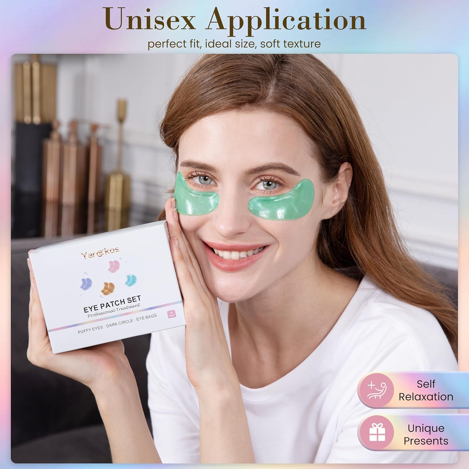 32 Pairs Hydrating under Eye Patches, anti Wrinkle Undereye Pad for Dark Circles Puffiness Puffy Eyes, Collagen Eye Masks Skincare, Travel Women Beauty Skin Care Face Gel (24K Golden+Blue+Pink+Green) - Multicolor image number 3