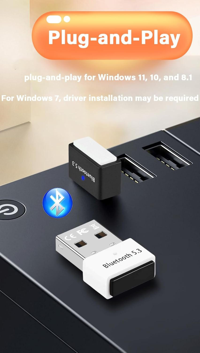 USB Bluetooth 5.3 Adapter for PC Supports Windows 11/10/8.1/7, Plug and Play for Windows 11/10,Mini 5.3+EDR Bluetooth Dongle Receiver&Transmitter for Pc,Laptop,Keyboard,Mouse,Headsets,Speakers image number 4