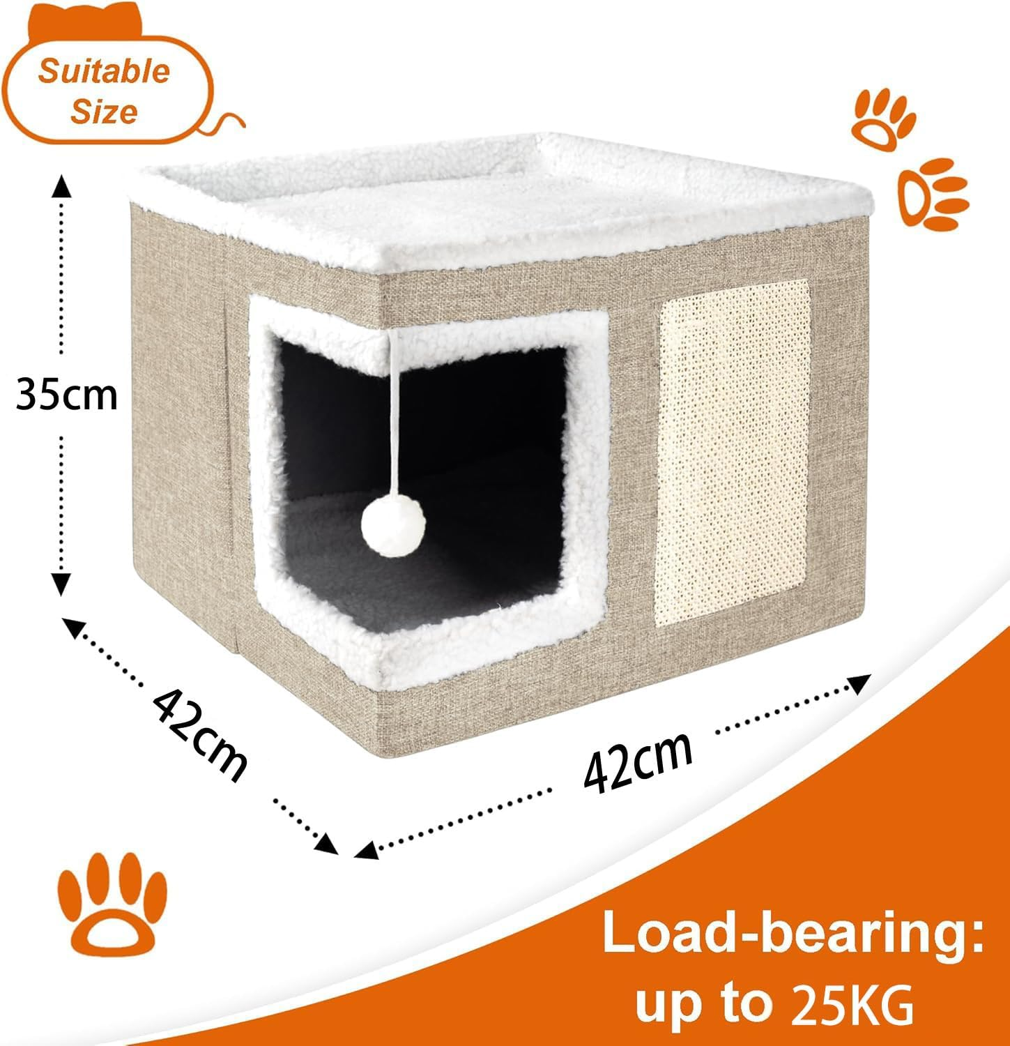 Cat Houses for Indoor Cats - Large Cat Bed Cave with Scratching Pad and Fluffy Ball, Foldable Cat Condo Hideaway with Reversible Cushion for Multiple Small Pets, Khaki image number 4
