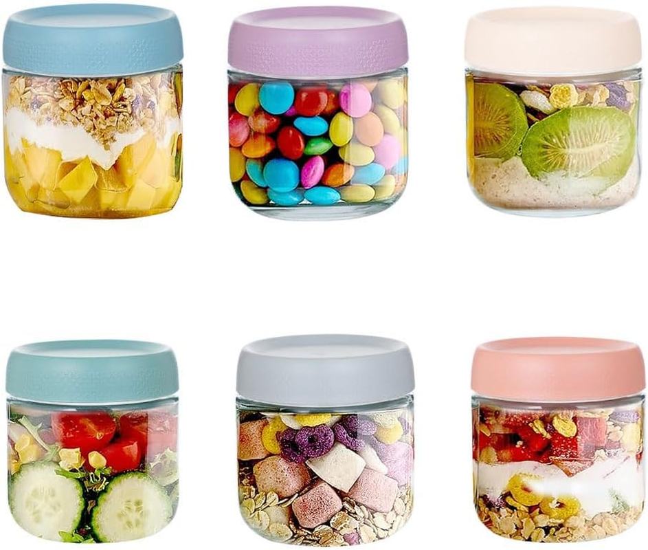 6 Pack Overnight Oats Containers with Lids,Reusable Glass Jars with Airtight Lids Wide Mouth Mason Salad Jar Meal Prep Jar for Overnight Oats, Cereal,Yogurt,Salad(10Oz/350Ml) image number 1
