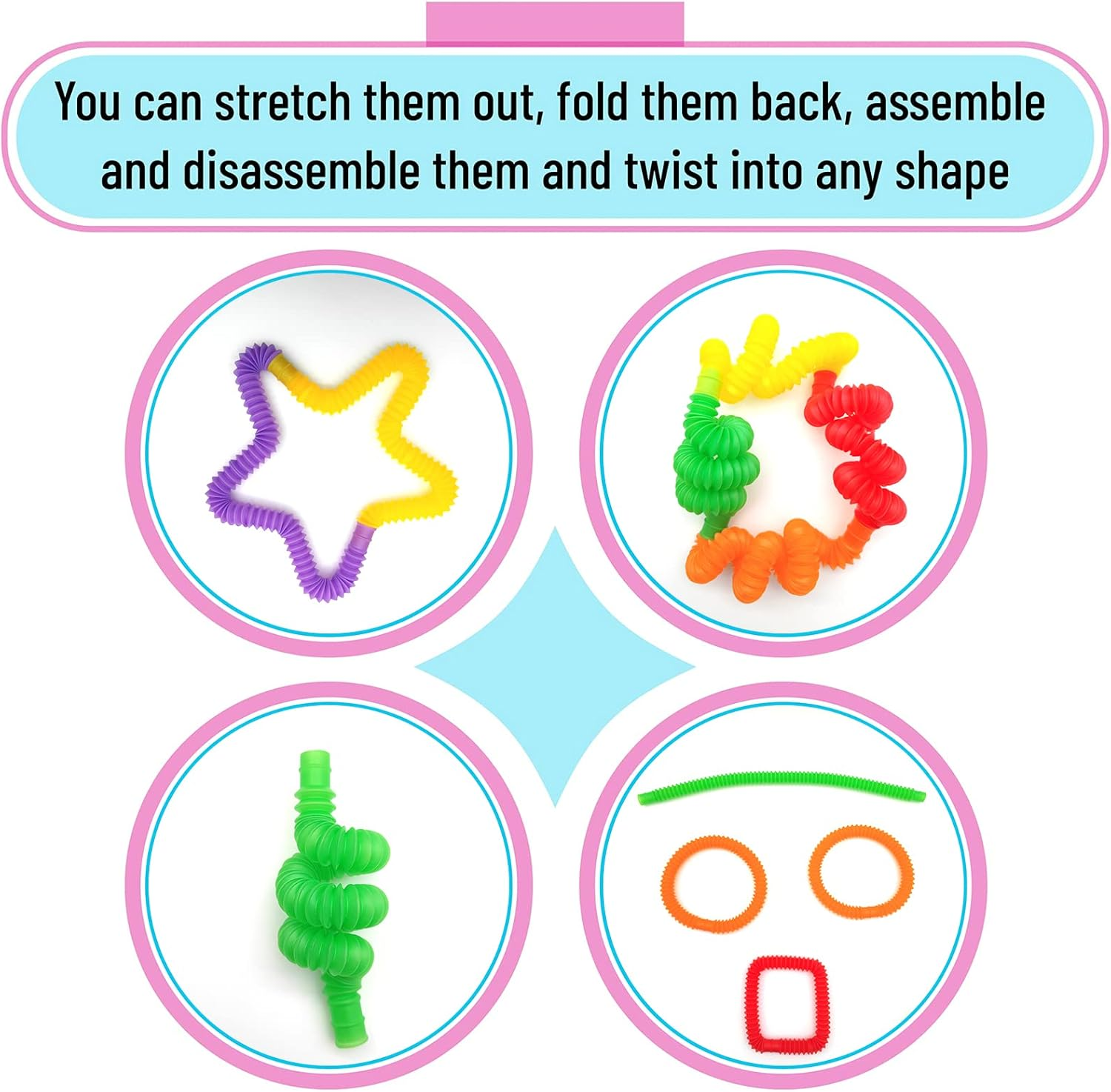 12 Pack Pop Tubes Sensory Toys with 6 Colors for Kids&Toddlers,Stress and Anxiety Relief Fidget Toy ,Imaginative Play & Fine Motor Skills Learning,Tons of Ways to Play,Connect, Stretch, Twist & Pop image number 5